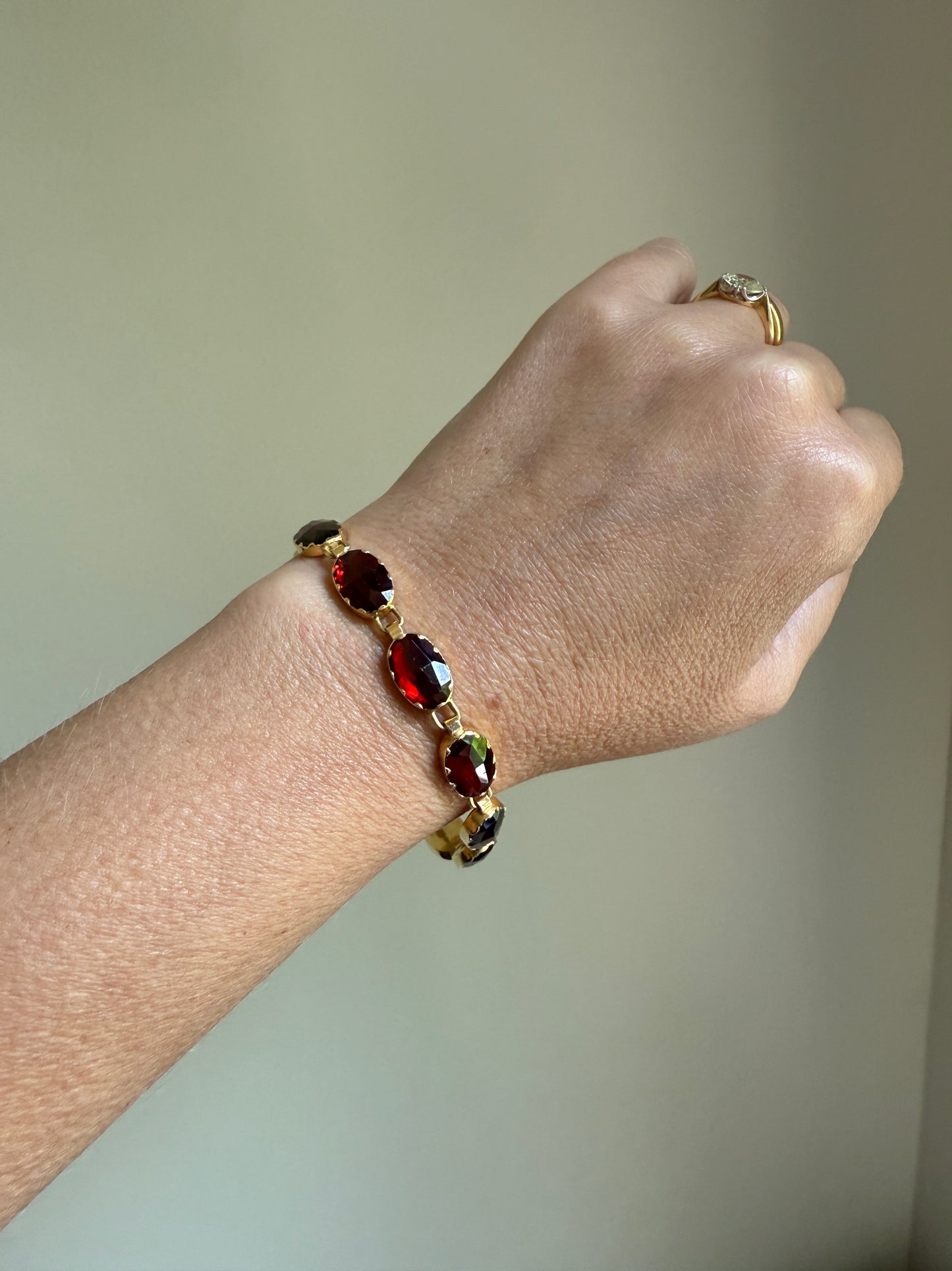 Vintage French Perpignan GARNET Riviere Eternity Bracelet 18k Gold Large Oval Bezel Set Rose Cut Closed Back Glowing Crimson Red Riviera