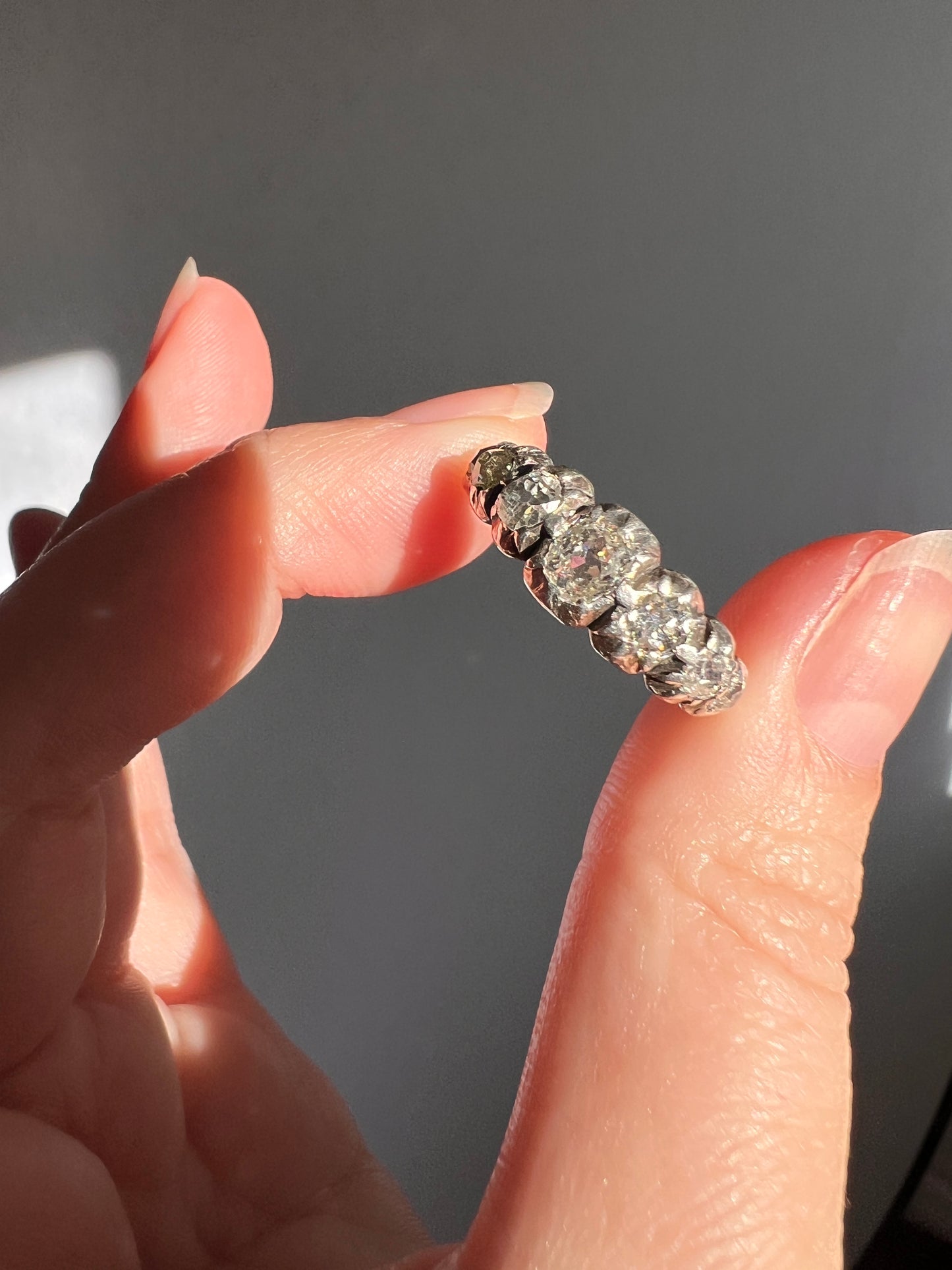 VICTORIAN French ANTIQUE 1.3 Carat Old Mine Cut DIAMOND Seven Stone Half Hoop 18k Gold Silver Collets Stacker Band Open Back