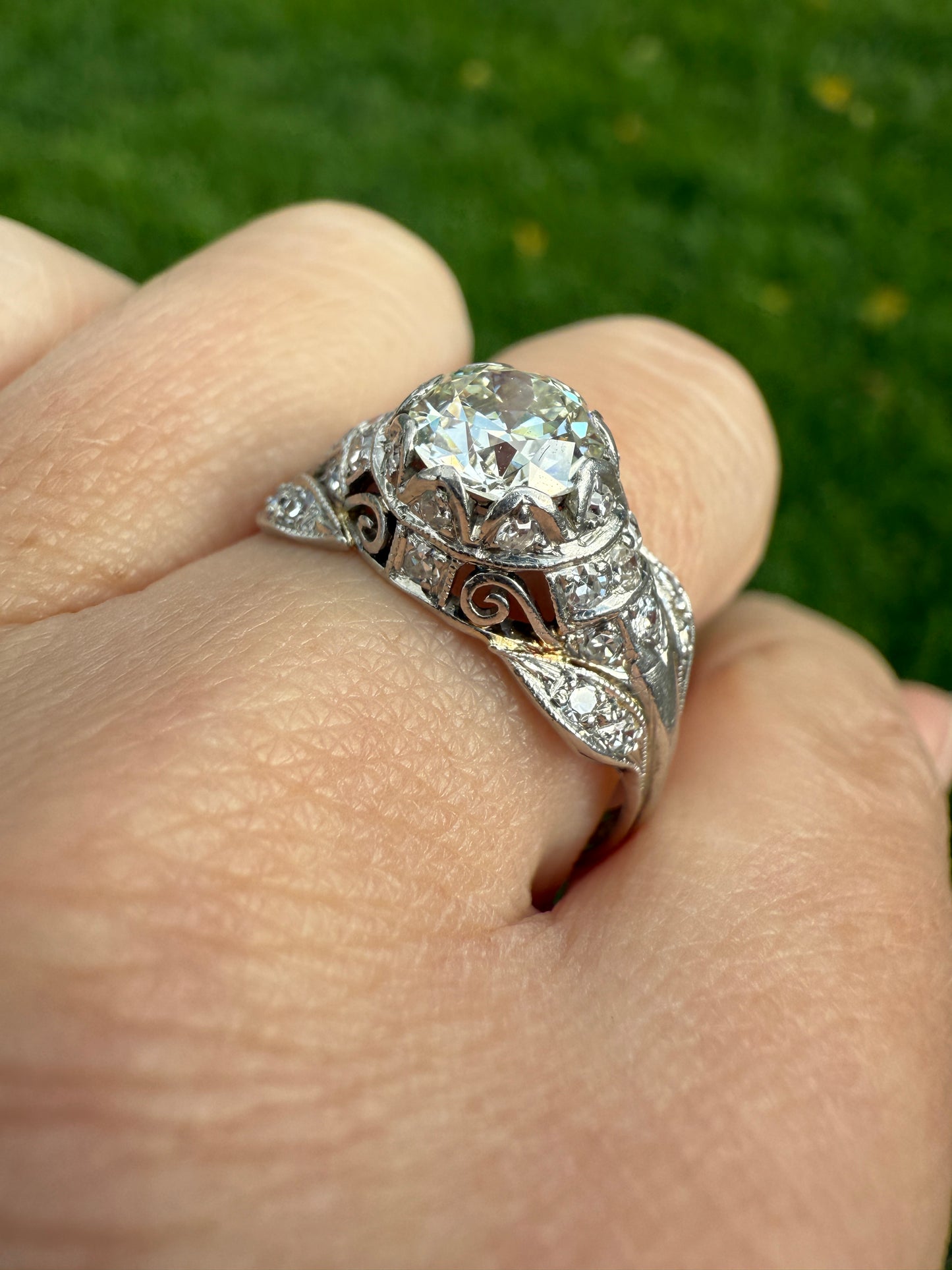 PLATINUM 1.7Ctw Art Deco Eye CLEAN Old European Cut Diamond Solitaire Engagement Ring w/ Wedding Set Wrap Encrusted Leaf Prong Antique c1928