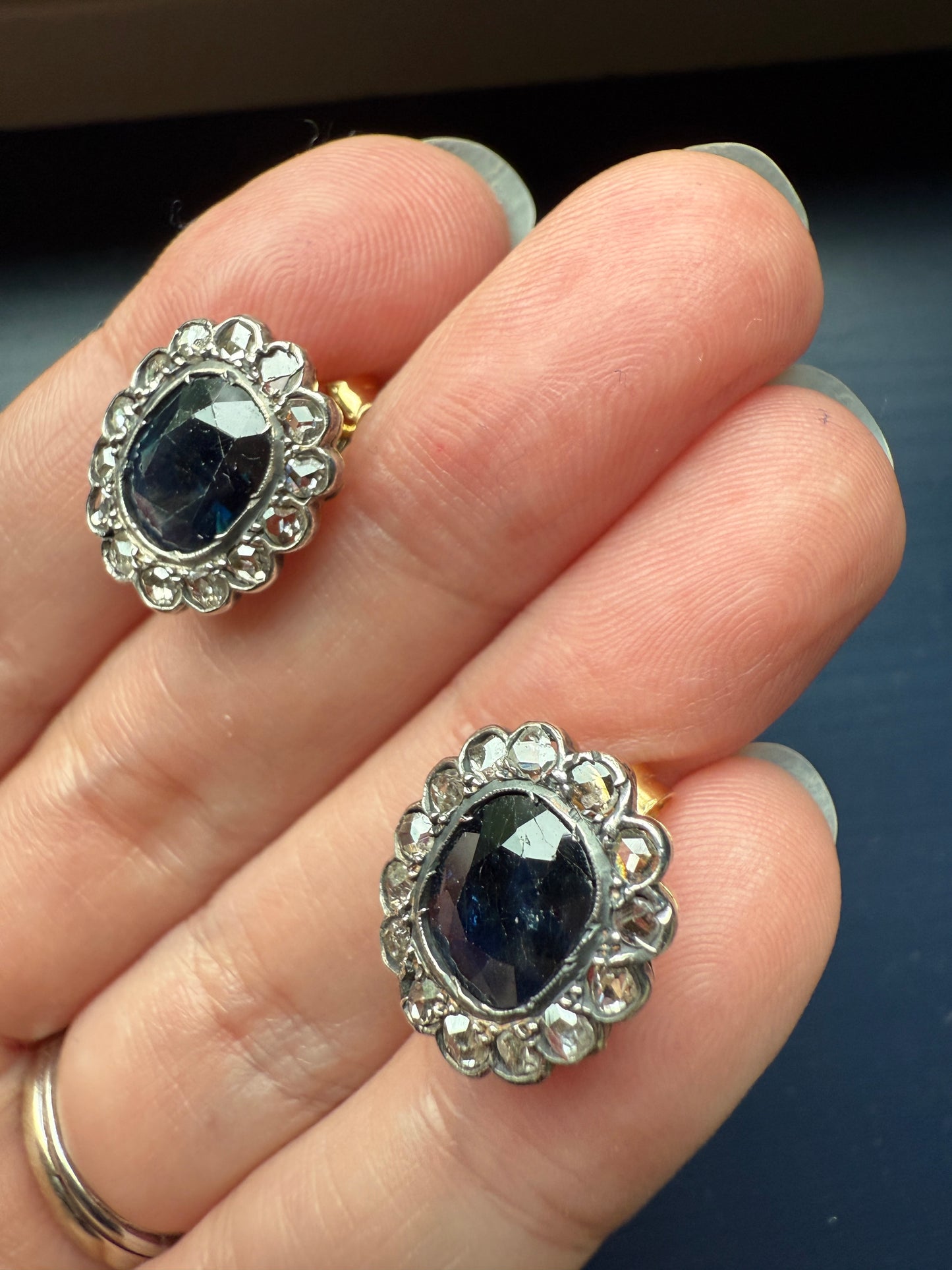 ANTIQUE Oval Natural SAPPHIRE Rose Cut DIAMOND Halo Large Stud Earrings 18k Gold Silver Topped Blue