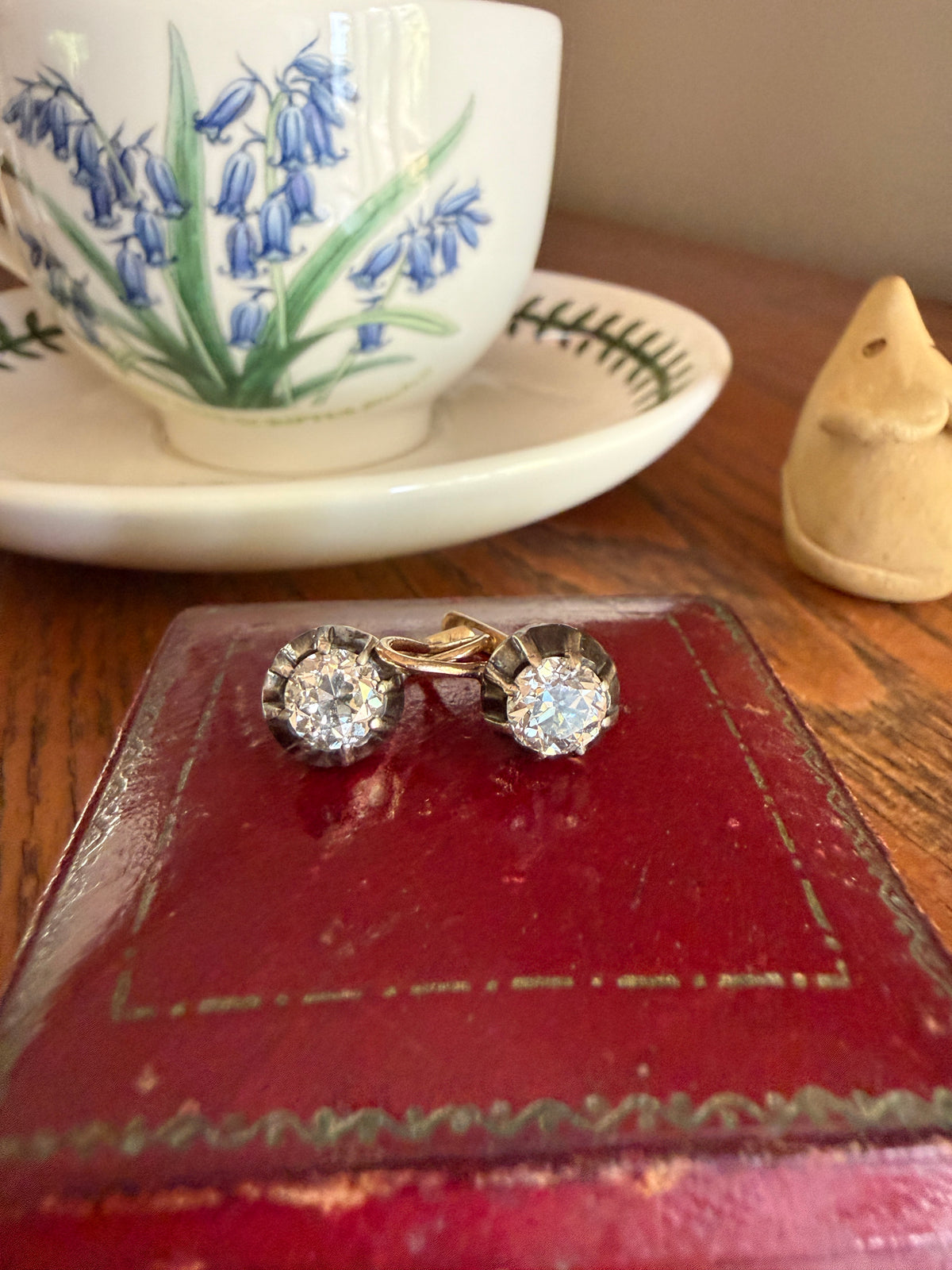 Original Antique Two Carats Tdw Natural Old Mine Cut Diamond Earrings 14k Gold Silver Collets Victorian Dangle Dormeuse Gift 2Ctw