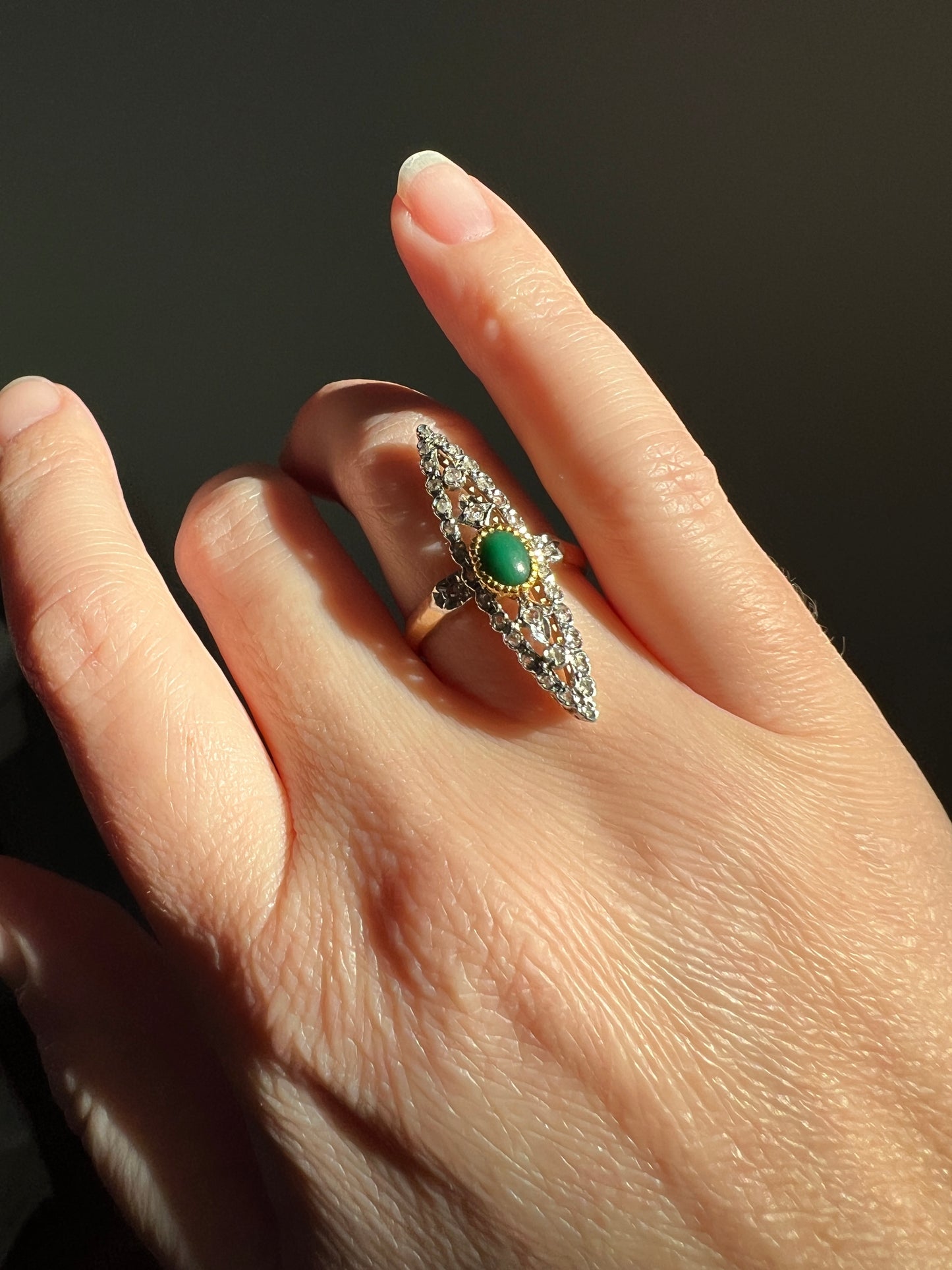 Art NOUVEAU Antique FRENCH Rose Cut Diamond Green Stone Skinny Navette Ring 14k 18k Gold Belle Epoque Ornate Filigree