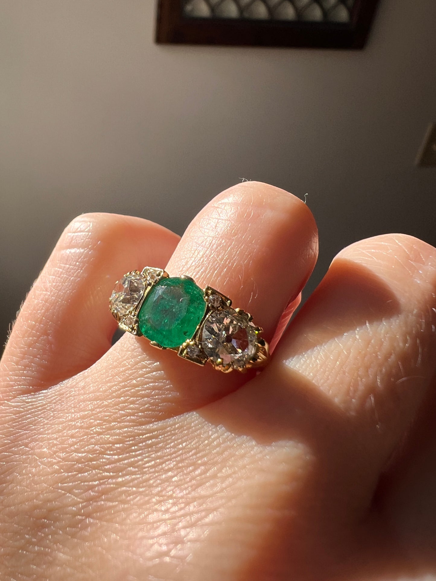 Antique 1.5 Carat Natural EMERALD & 1.9 Carat Tdw Eye Clean Old Mine Cut DIAMOND Three Stone Ring 18k Gold