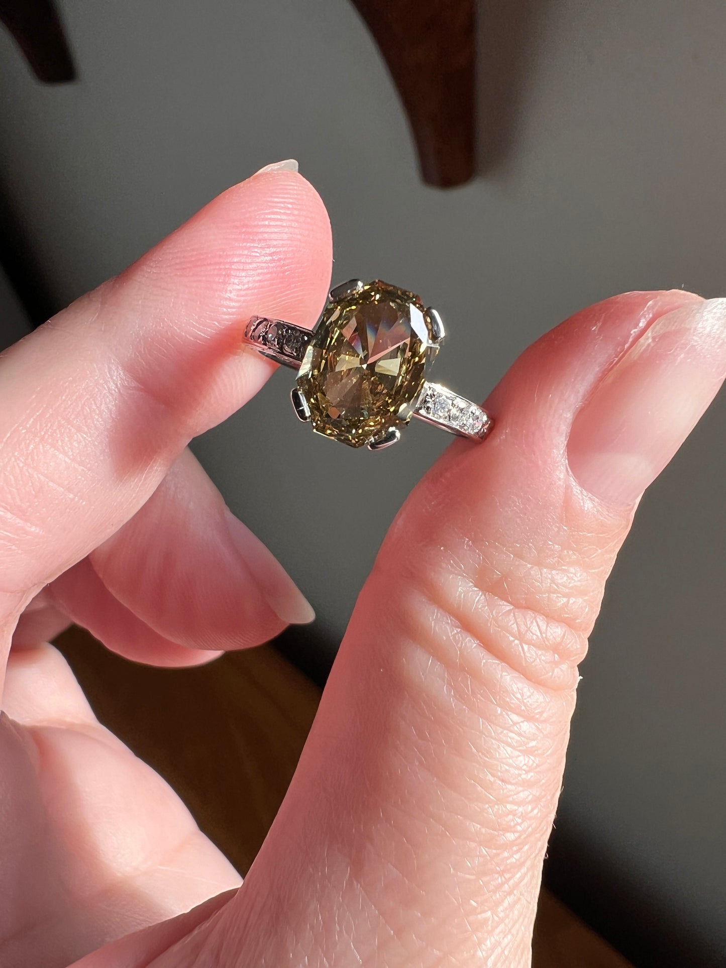 Fancy BROWN Yellow Eye Clean Elongated Octagon Brilliant Cut DIAMOND Ring 2.5 Carat Tdw Platinum Hidden Halo Engagement Solitaire