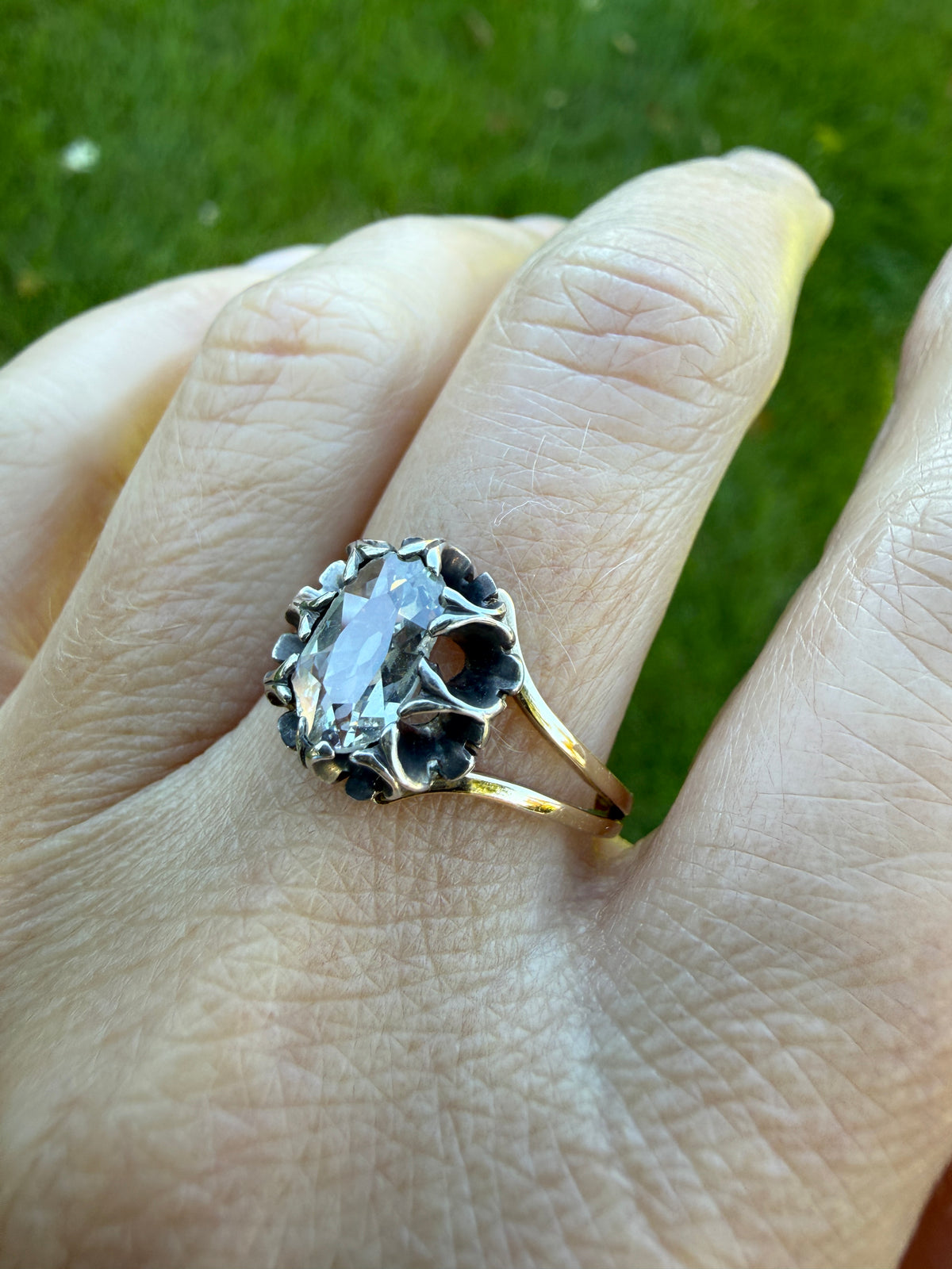 ANTIQUE Elongated Old Mine Cut Oval DIAMOND Silver Star Prong Basket Setting in 10k Gold Unique Buttercup Victorian .6 to 1.2 Ct.