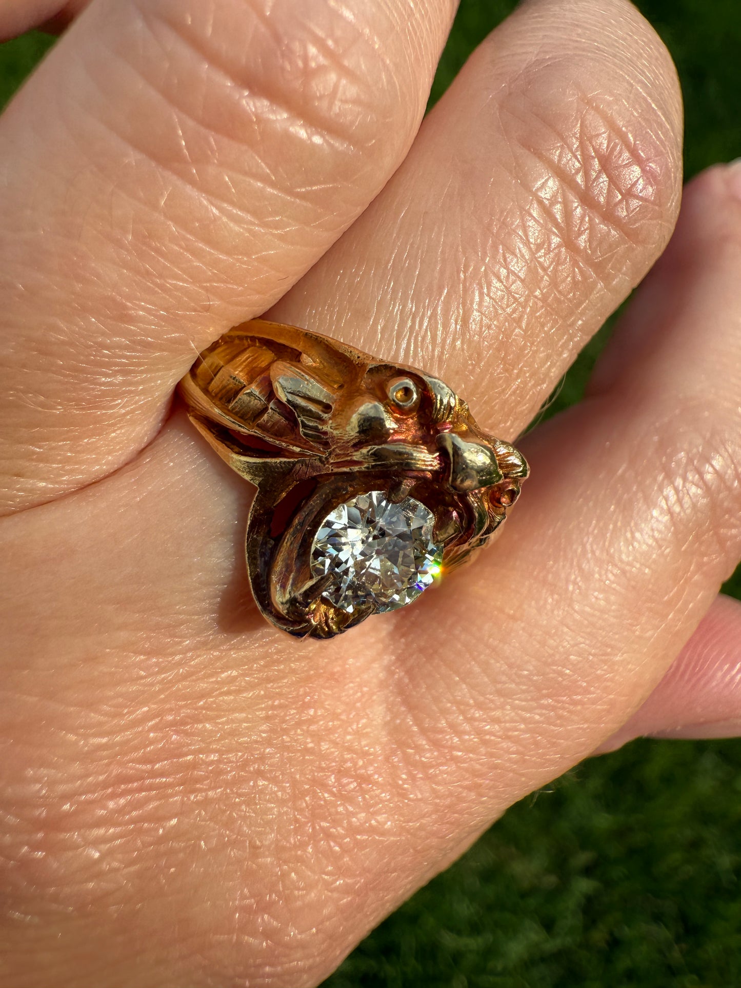 DRAGON Heavy Antique 1 Carat Old European Cut Diamond Figural Ring 12.6g 18k Gold Solid Gargoyle Chimera Belle Epoque Art Nouveau Unisex OEC