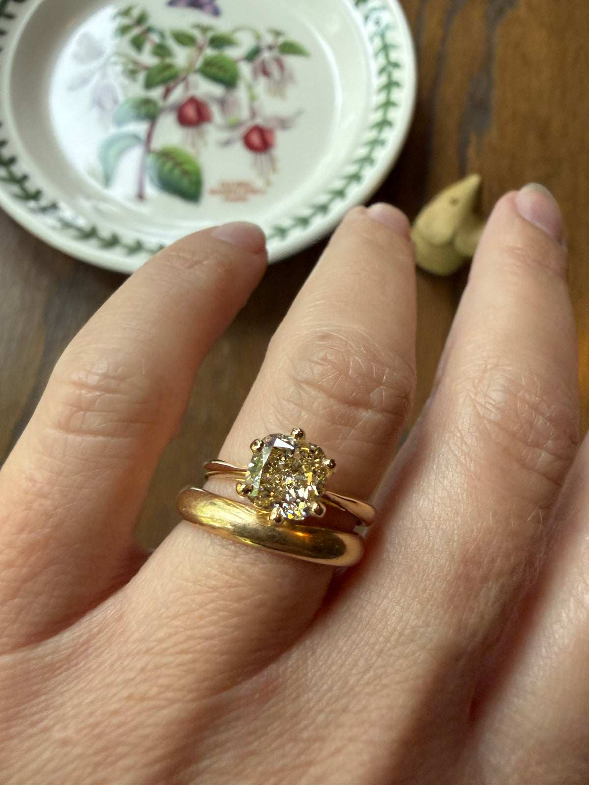 Fancy Brownish Yellow Eye Clean 1.52 Carat Cushion Cut DIAMOND Ring w/ CERT. French Vintage Solitaire 18k Gold Engagement Paris Find