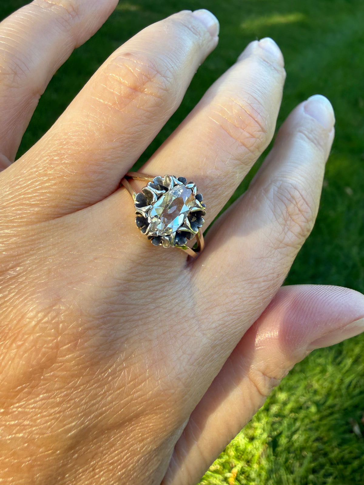 ANTIQUE Elongated Old Mine Cut Oval DIAMOND Silver Star Prong Basket Setting in 10k Gold Unique Buttercup Victorian .6 to 1.2 Ct.