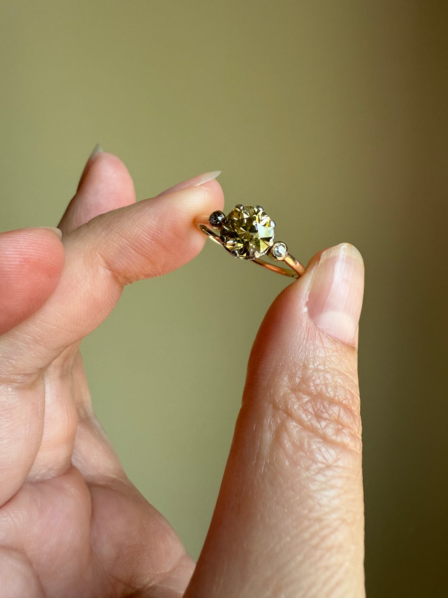 Antique Eye Clean Color Change 1.5 Carat Antique Fancy Champagne Green Yellow Old Mine Cut DIAMOND Solitaire Ring Three Stone 18k Gold