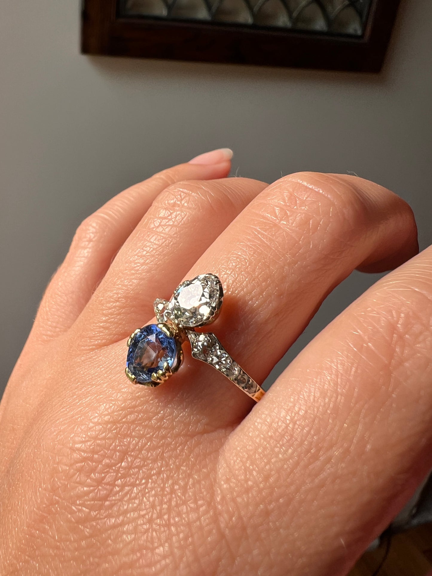 Antique No Heat PEAR Natural Ceylon SAPPHIRE Old Mine Cut DIAMOND Toi et Moi Ring 1 Carat Tdw French 18k Gold Platinum Ring