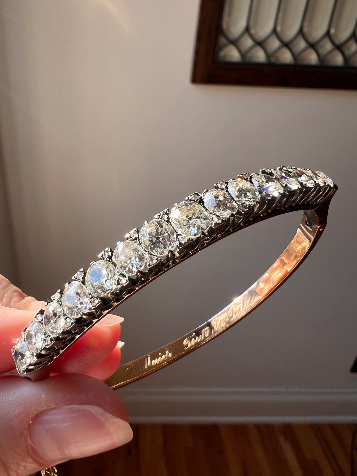 Amazing Antique 6 CARAT Old Mine Cut DIAMOND Encrusted Hinged Bangle Bracelet 18k Gold Rose Cut Spacers Gemset Prong Victorian