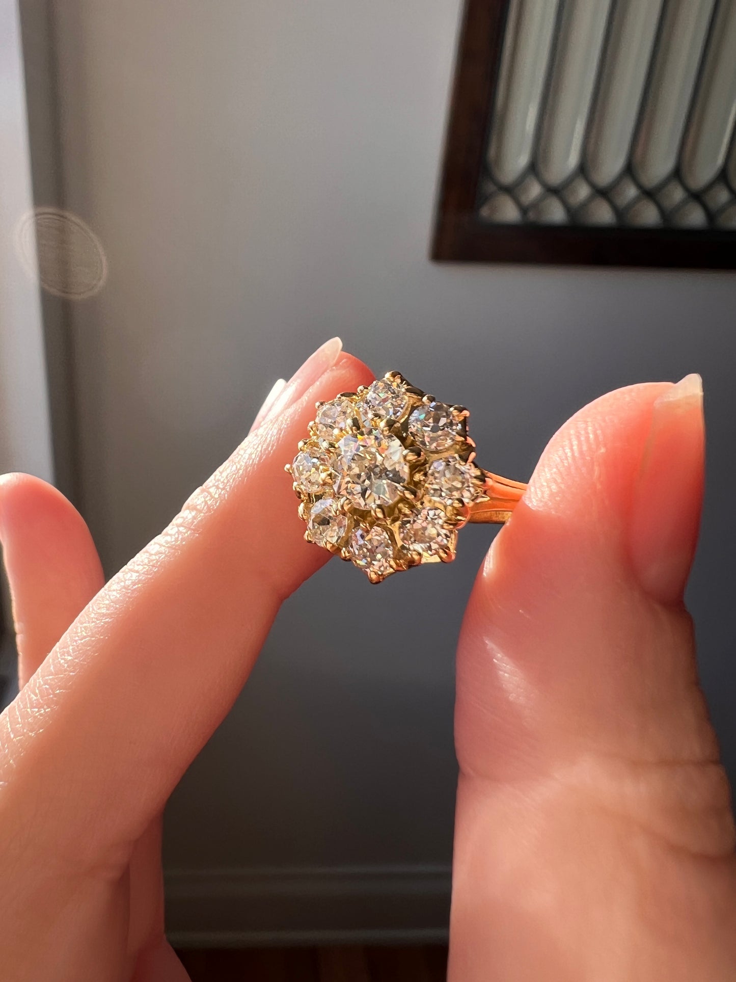 Tall ANTIQUE 1.8 Carat 9 Old Mine Cut DIAMOND Daisy Cluster Ring 18k Yellow Gold French Antique