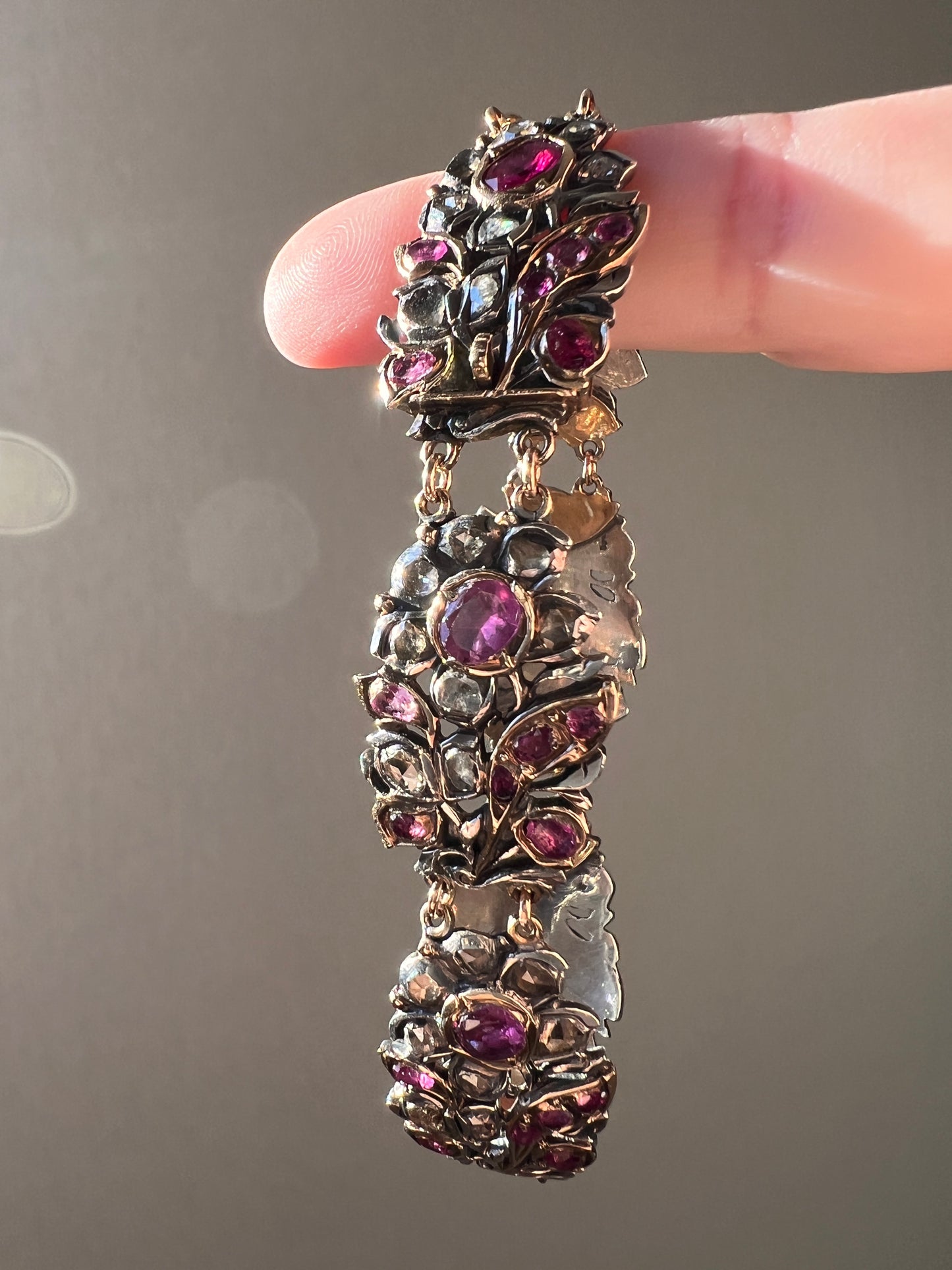 RARE Floral GIARDINETTI Antique Bracelet Flat Cut Ruby Pink Sapphire Rose Cut DIAMOND Figural Link Bracelet Georgian 14k Gold Silver