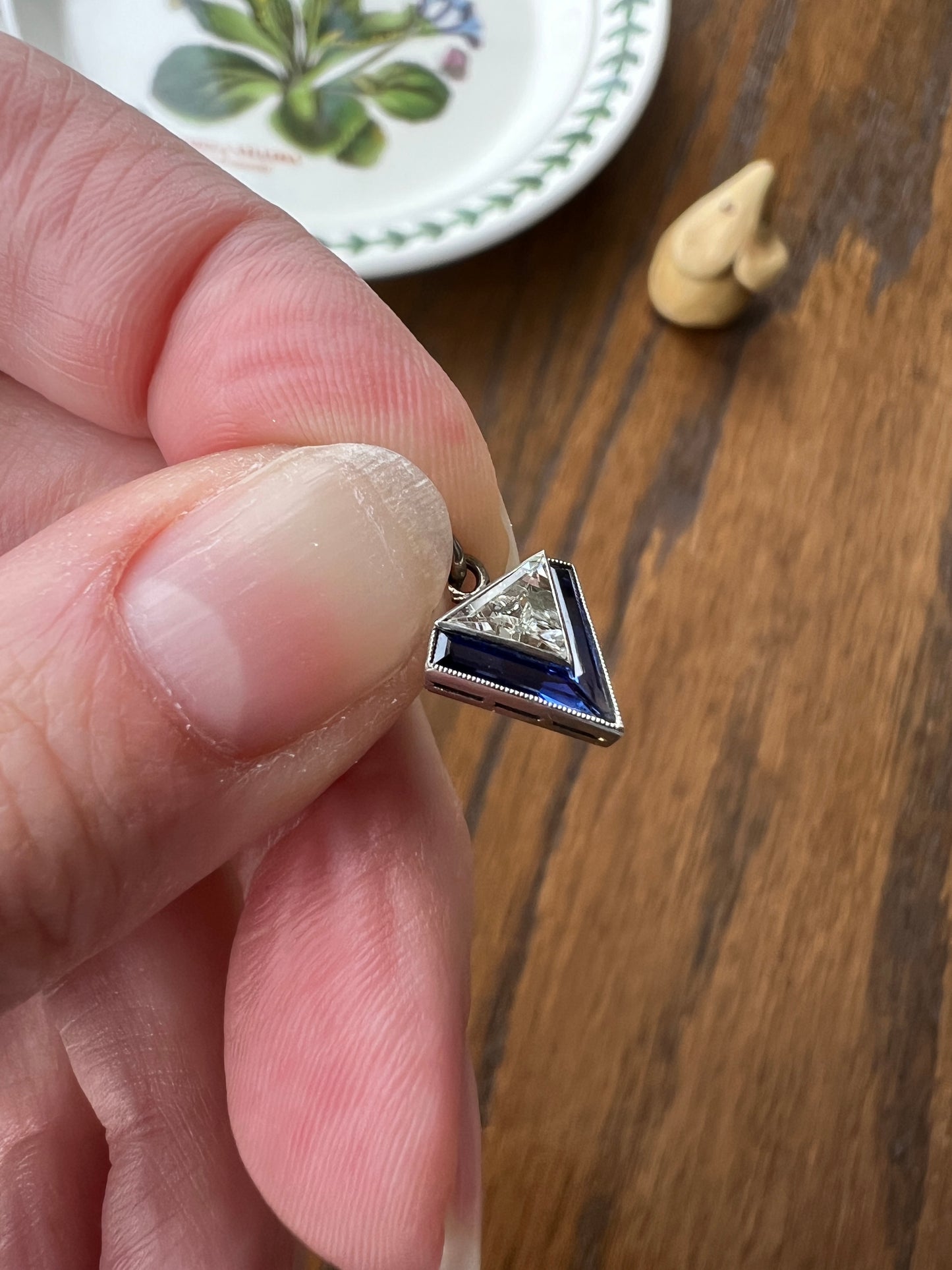 TRIANGLE Shield Antique RARE Lozenge Old Cut DIAMOND 18k White Gold Eye Clean Pendant Art Deco Blue Sapphire Halo One of Kind Gift Charm