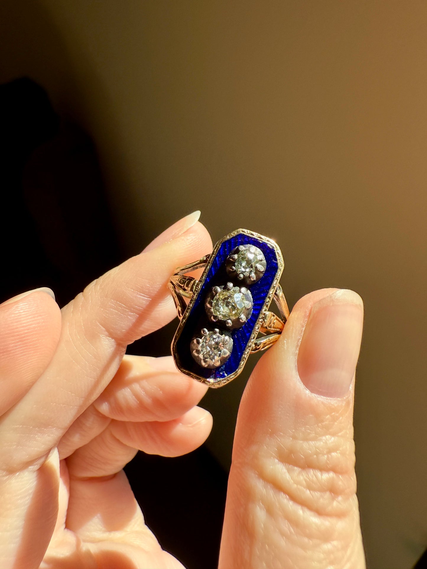 French Antique Georgian Bague Au Firmament .8 Carat Old Mine Cut Diamond Blue Enamel 18k Gold Ring of Heaven STAR Victorian