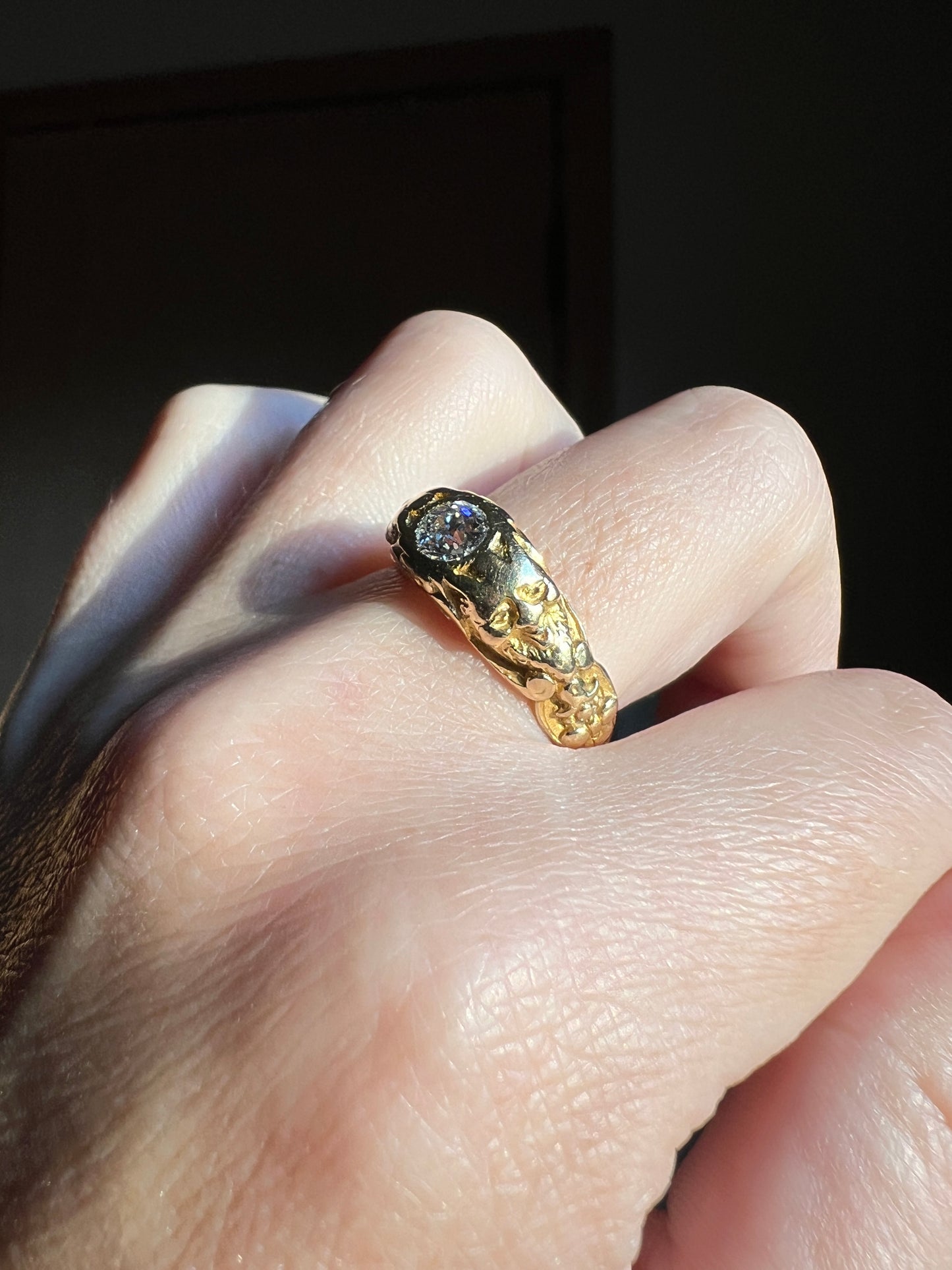 Handsome DEVIL Antique Old Mine Cut DIAMOND Ring 8g 18k Gold FACES Chunky Ring French Art Nouveau Figural 3D