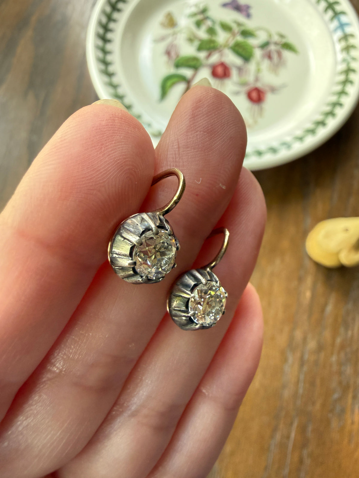 Original Antique Two Carats Tdw Natural Old Mine Cut Diamond Earrings 14k Gold Silver Collets Victorian Dangle Dormeuse Gift 2Ctw