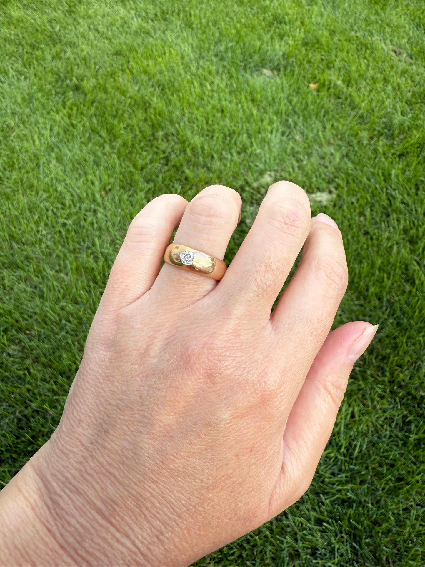 French Antique .3 Carat Old Mine Cut Diamond Gypsy Ring 18k GOLD Domed Band Solitaire Stacker Victorian Man Unisex