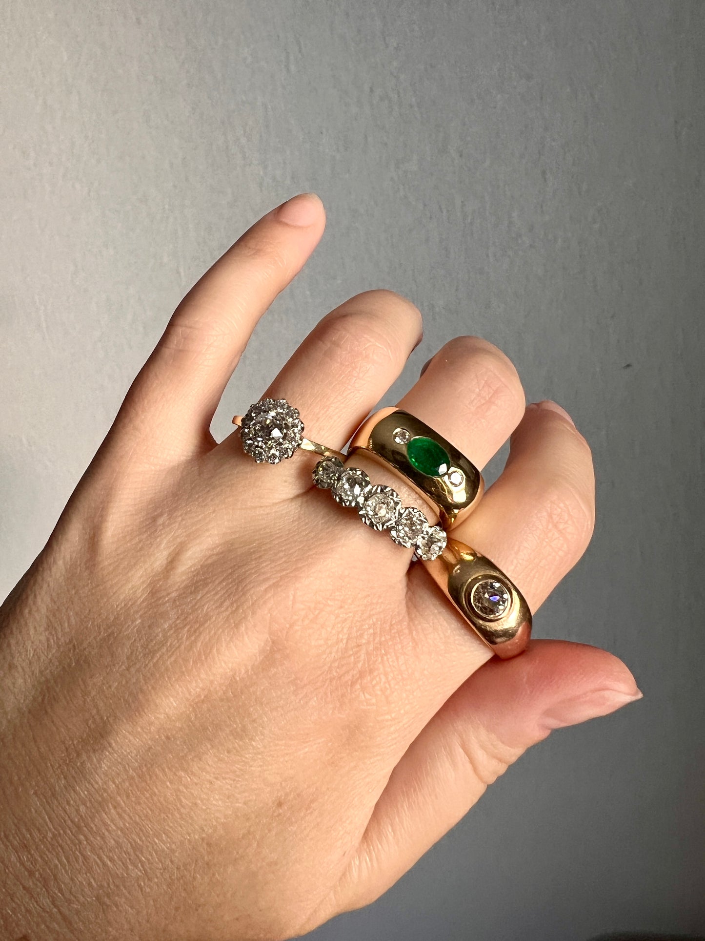 HEAVY Green EMERALD Diamond Vintage Three Stone Gypsy Ring French 18k Gold Chunky Wide Square Band Natural Unisex