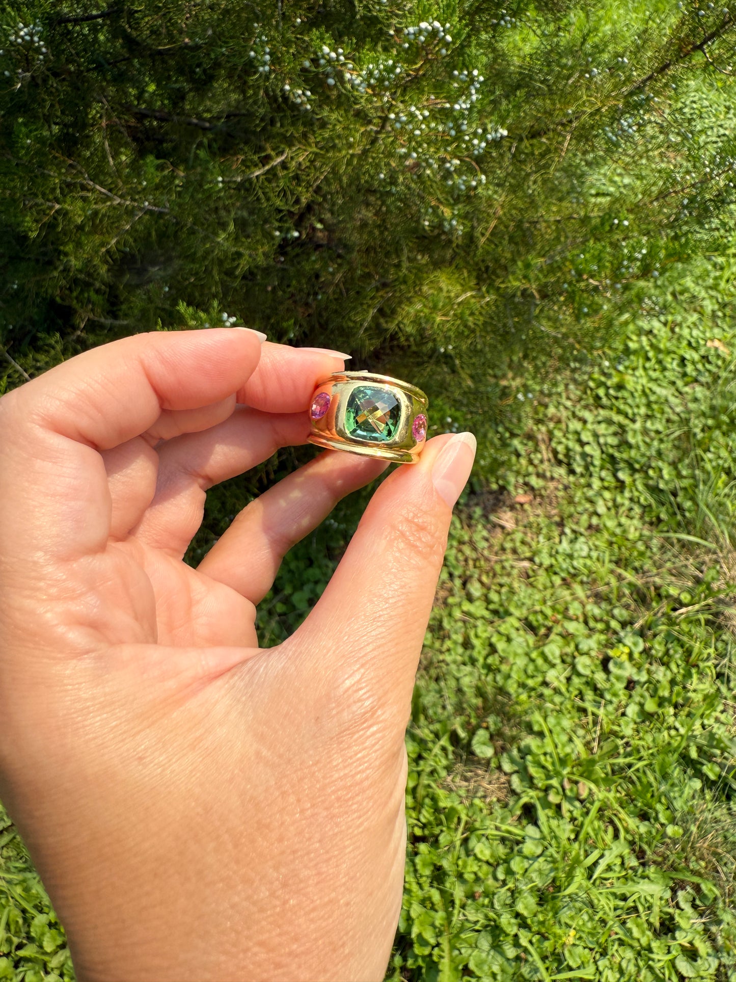 MEGA Green Tourmaline & Pink Sapphire Three Stone Ring HEAVY 20g 18k Gold Solid French Vintage Chunky Stacker Discoball Wide Band Color