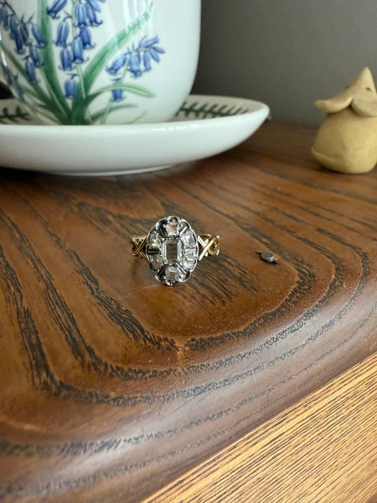 French Early Victorian Era Antique Open Back Table Cut DIAMOND Oval Cluster Ring 18k Gold Scarce Romantic Gift 1800s Ornate Band Stacker