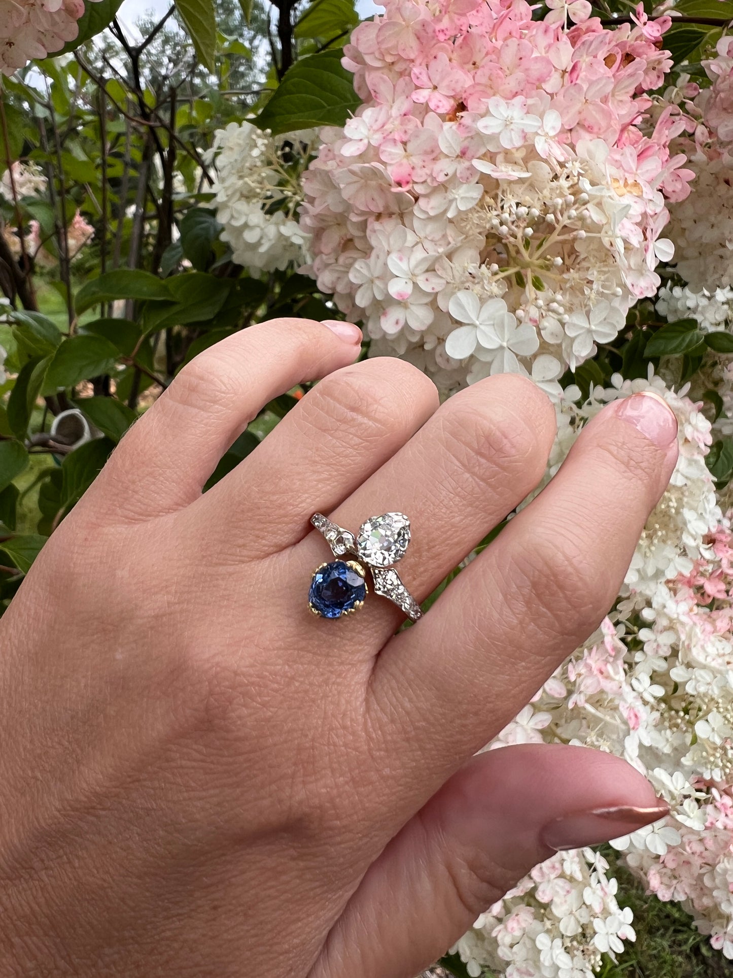 Antique No Heat PEAR Natural Ceylon SAPPHIRE Old Mine Cut DIAMOND Toi et Moi Ring 1 Carat Tdw French 18k Gold Platinum Ring