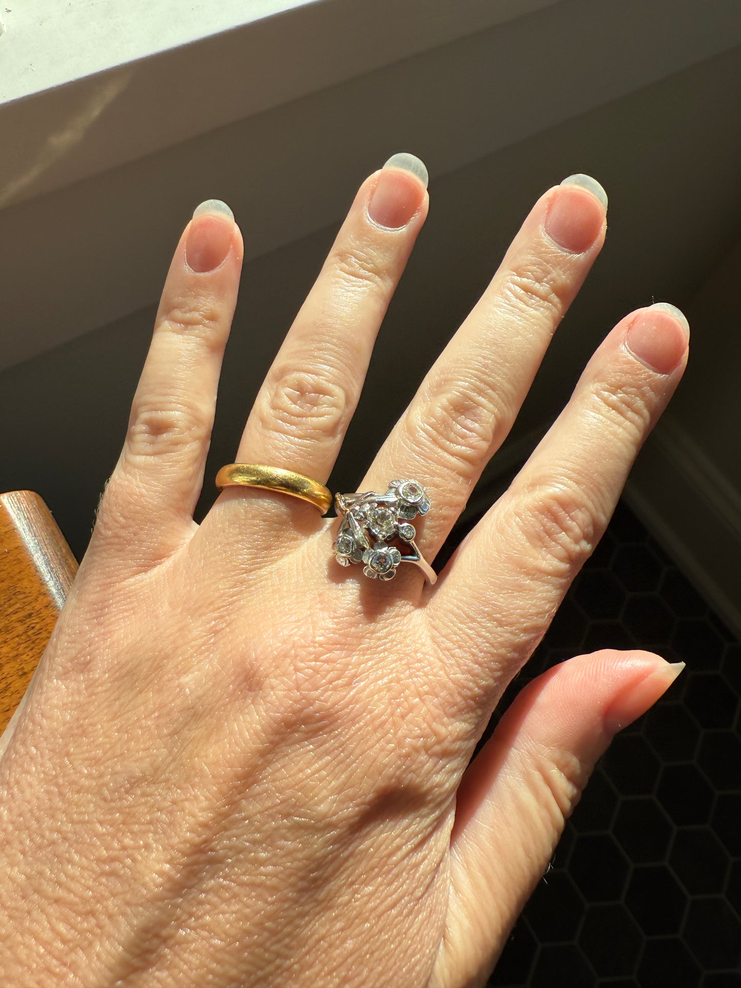 DRAGONFLY Special Dated 1922 Antique Ring 0.7 Carat Old Mine Cut DIAMONDS 18k White Gold Figural Flower Bouquet French Art Deco