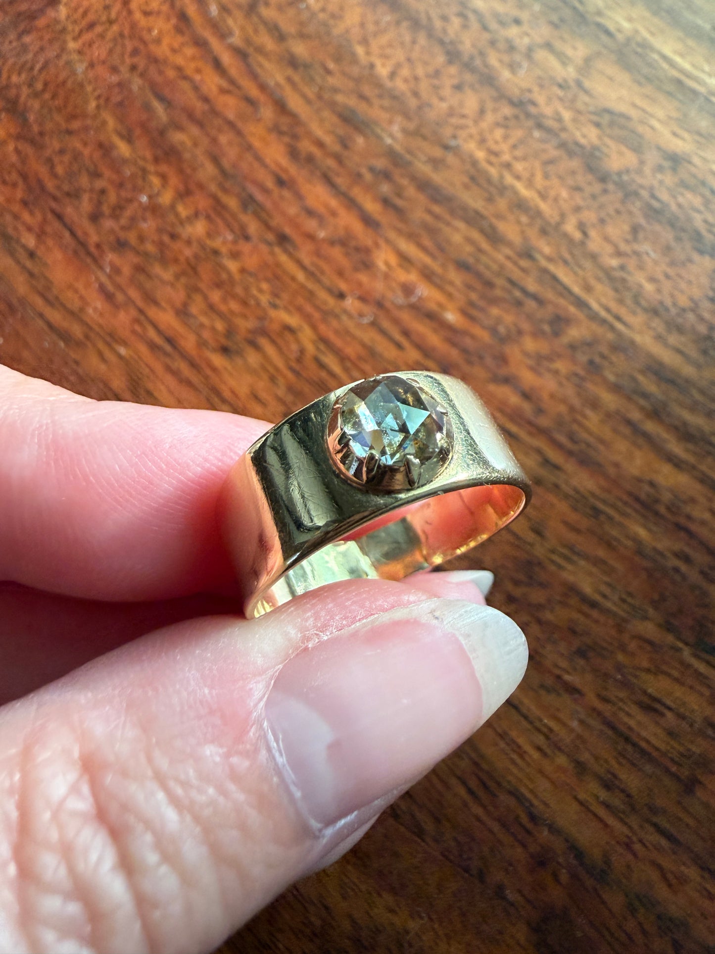 CHUNKY Antique Dome 5.9mm Rose Cut Diamond Ring 8.3mm Wide Cigar Band 4.5g 18k Gold Unisex Stacker Peachy Golden Champagne Disco Ball Collet
