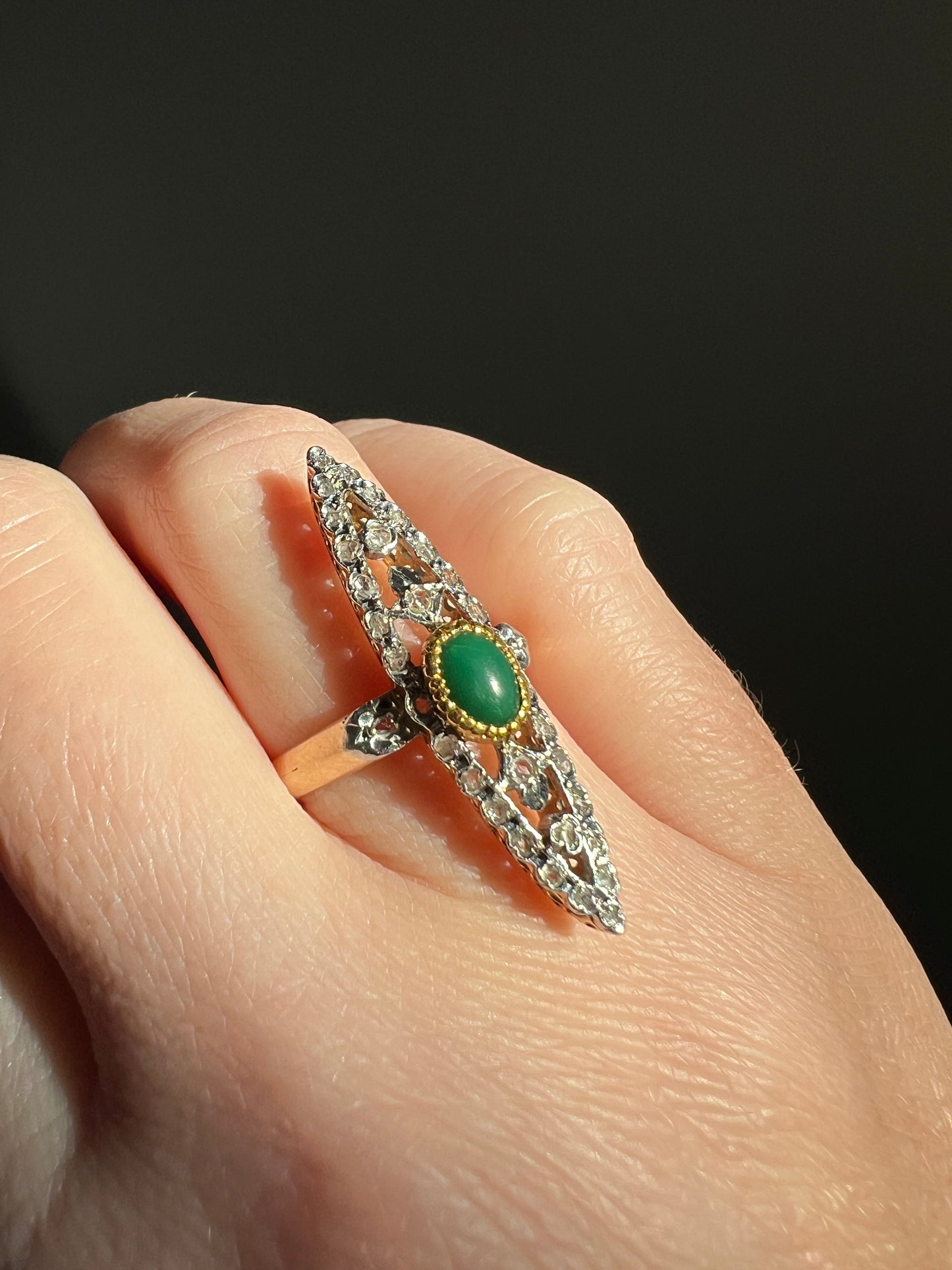 Art NOUVEAU Antique FRENCH Rose Cut Diamond Green Stone Skinny Navette Ring 14k 18k Gold Belle Epoque Ornate Filigree