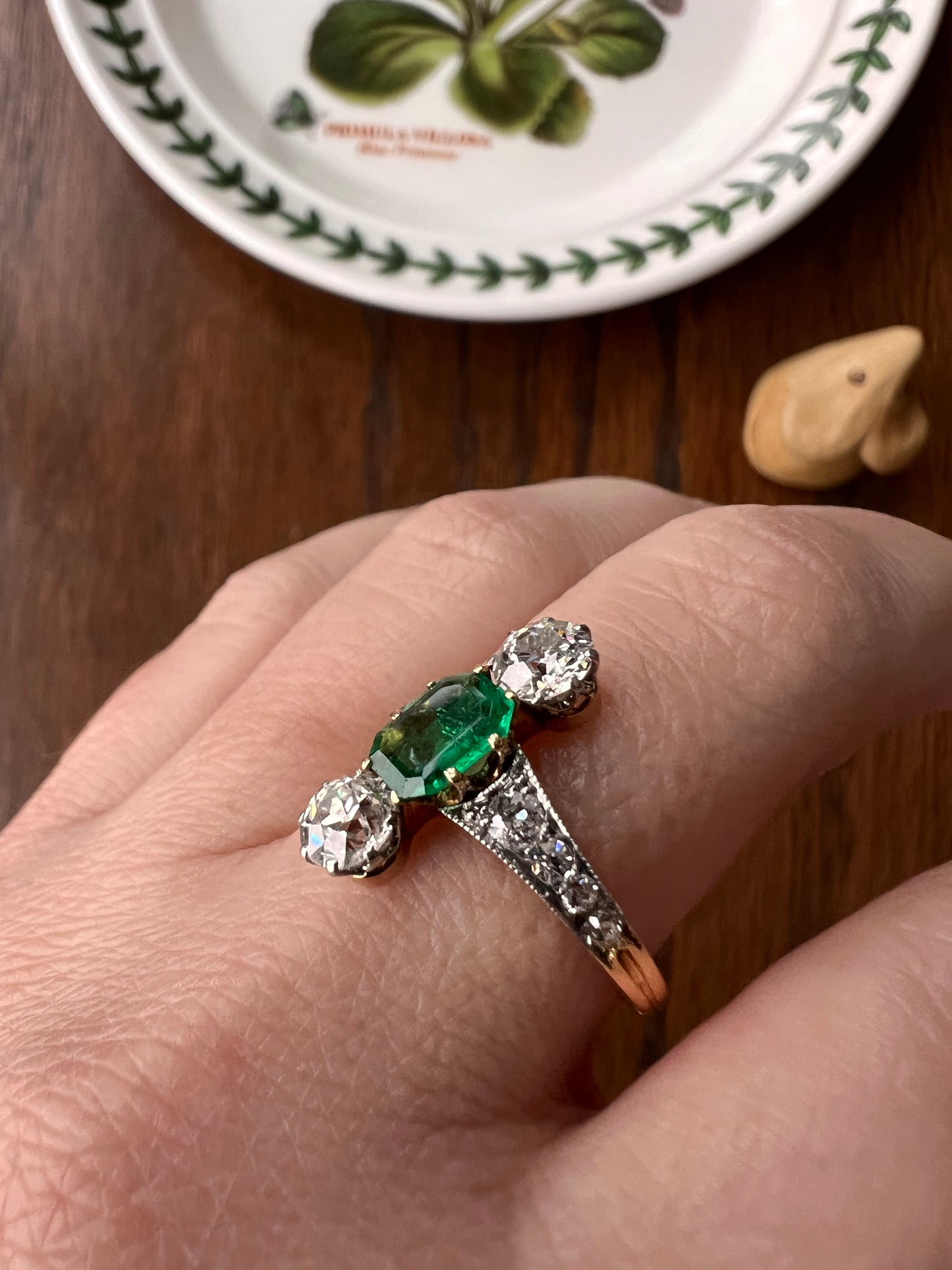 Antique Old Octagon Cut EMERALD 1.5 Carat Old Mine Cut Diamond Line Ring Edwardian Stacker Gift French 18k Gold Platinum Old Step Cut Octagonal