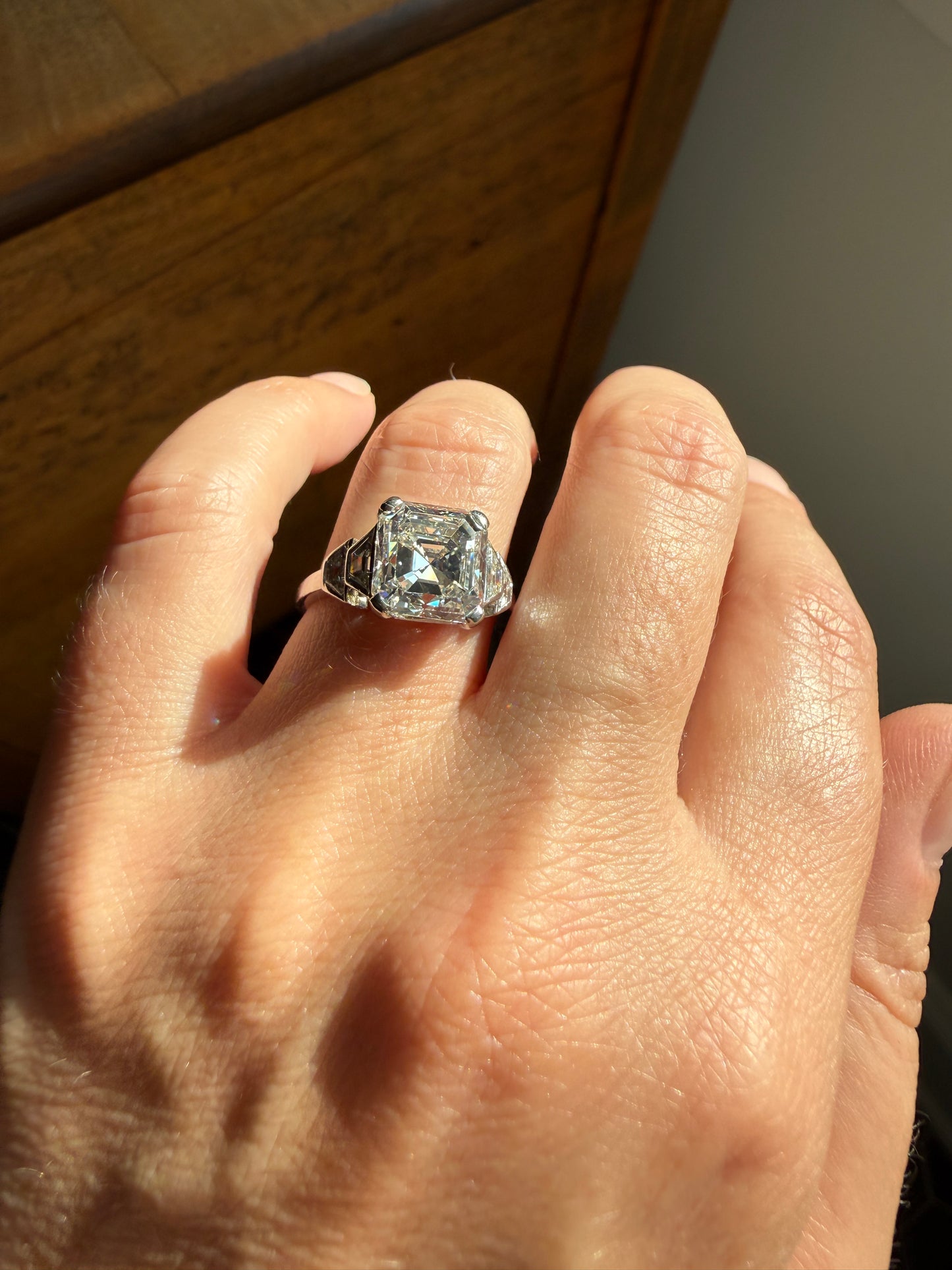 Exceptional 4 Carat Square Step Cut Diamond Solitaire Ring French PLATINUM w/ Trapezoid Accents Vintage to Art Deco 4.5Ctw Faces Eye CLEAN