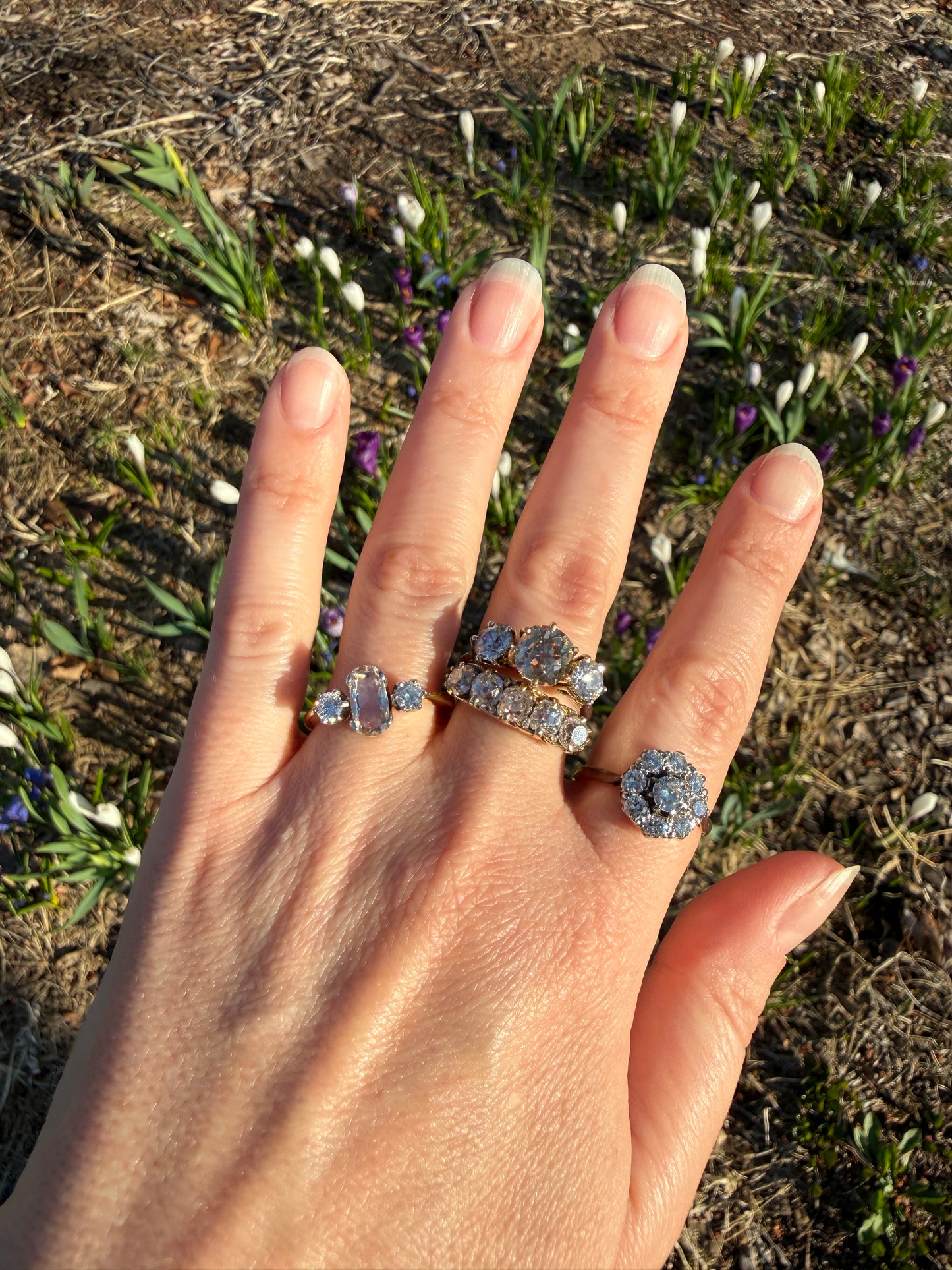 Victorian 2.25 Carats Antique Old Mine Cut Diamond Five Stone Ring 18k Gold Chunky Scrolled Ornate Band