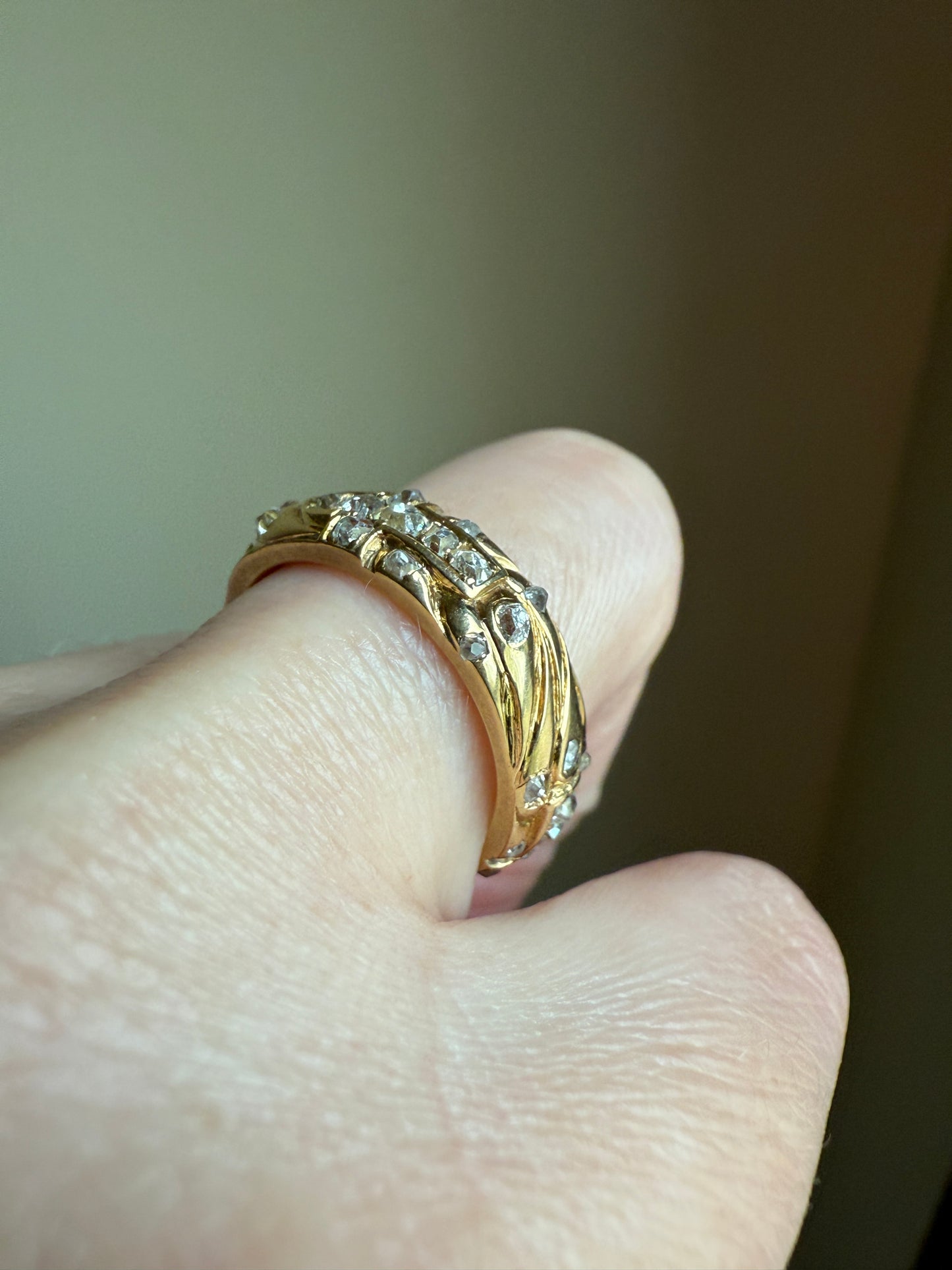 HEAVY One of a Kind Chunky Elongated 1.5ctw Old Mine Cut DIAMOND Encrusted Eternity Band French c1939 Ring 9.6g 18k Gold Anniversary? Dated