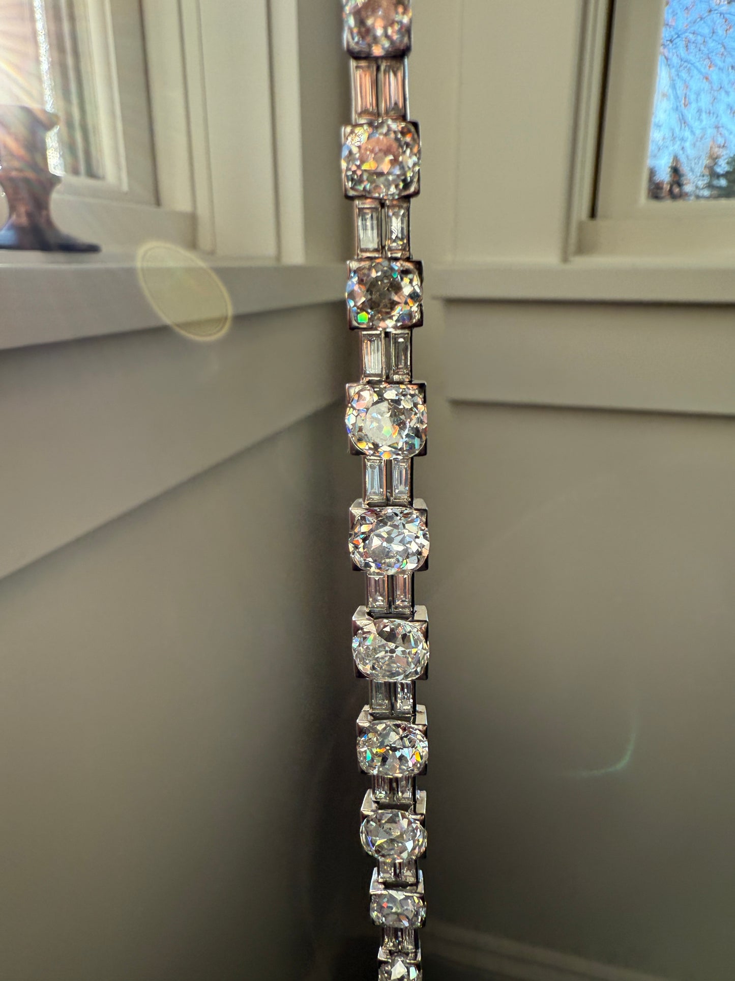 Art Deco 22 CARATS Old Mine Cut DIAMOND Baguette Spacers Tennis Line Bracelet Boxed French Antique 18k White Gold Wriststack OMC Eye Clean