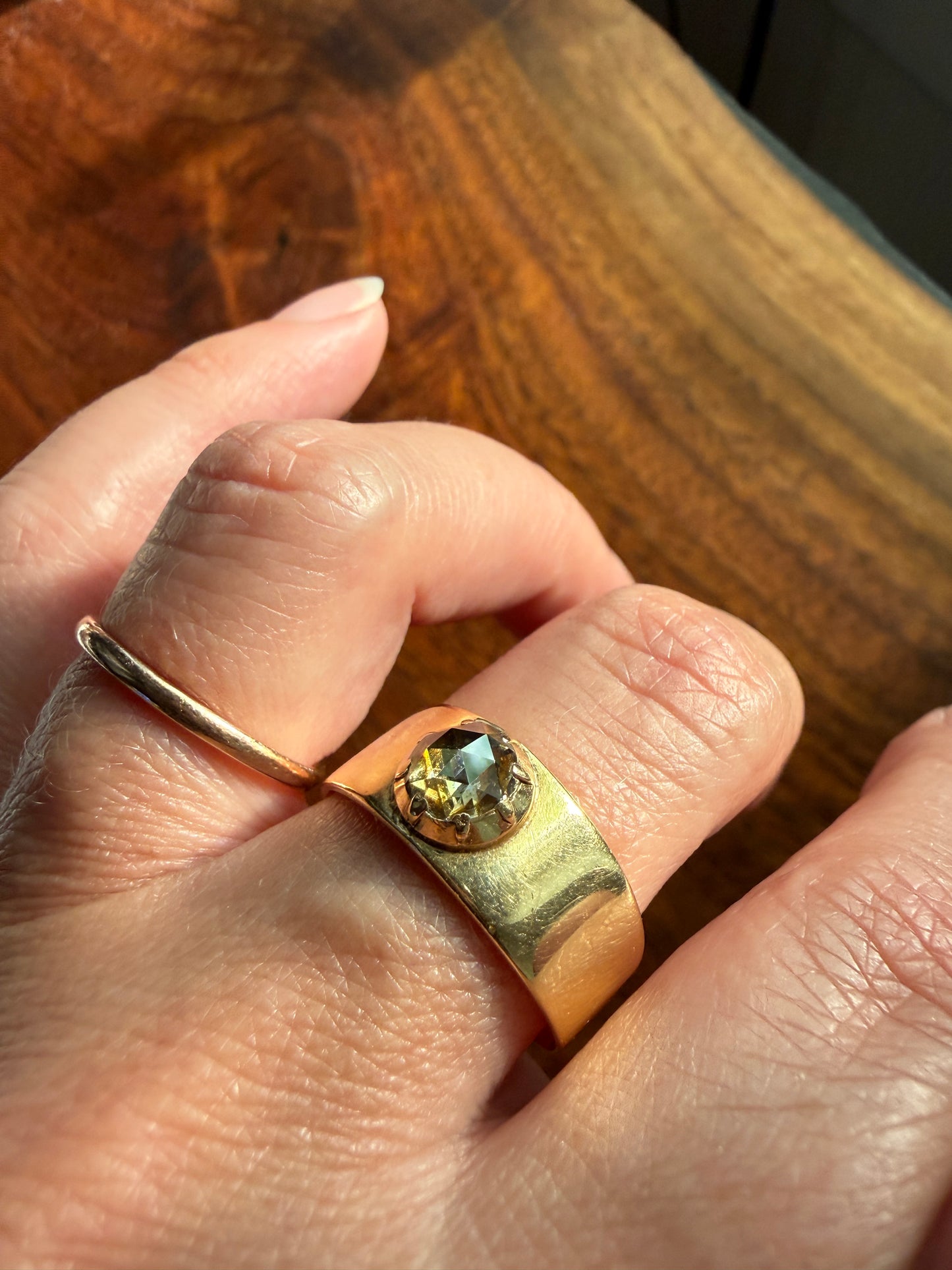 CHUNKY Antique Dome 5.9mm Rose Cut Diamond Ring 8.3mm Wide Cigar Band 4.5g 18k Gold Unisex Stacker Peachy Golden Champagne Disco Ball Collet
