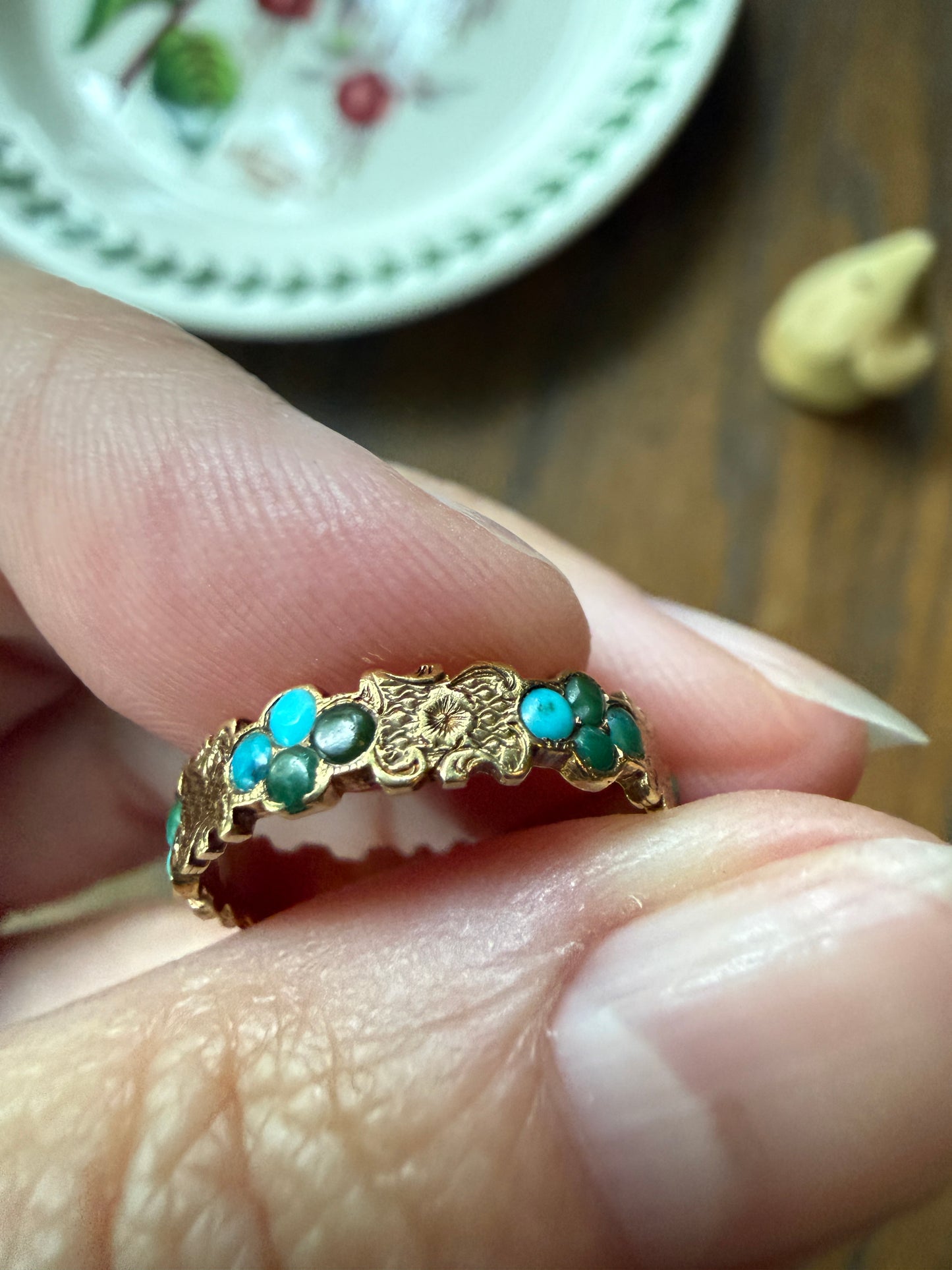Victorian TURQUOISE Floral Shield Engraved 18k Gold Solid Wedding Band Forget Me Not Orange Blossom Swirl Panels Blue Green