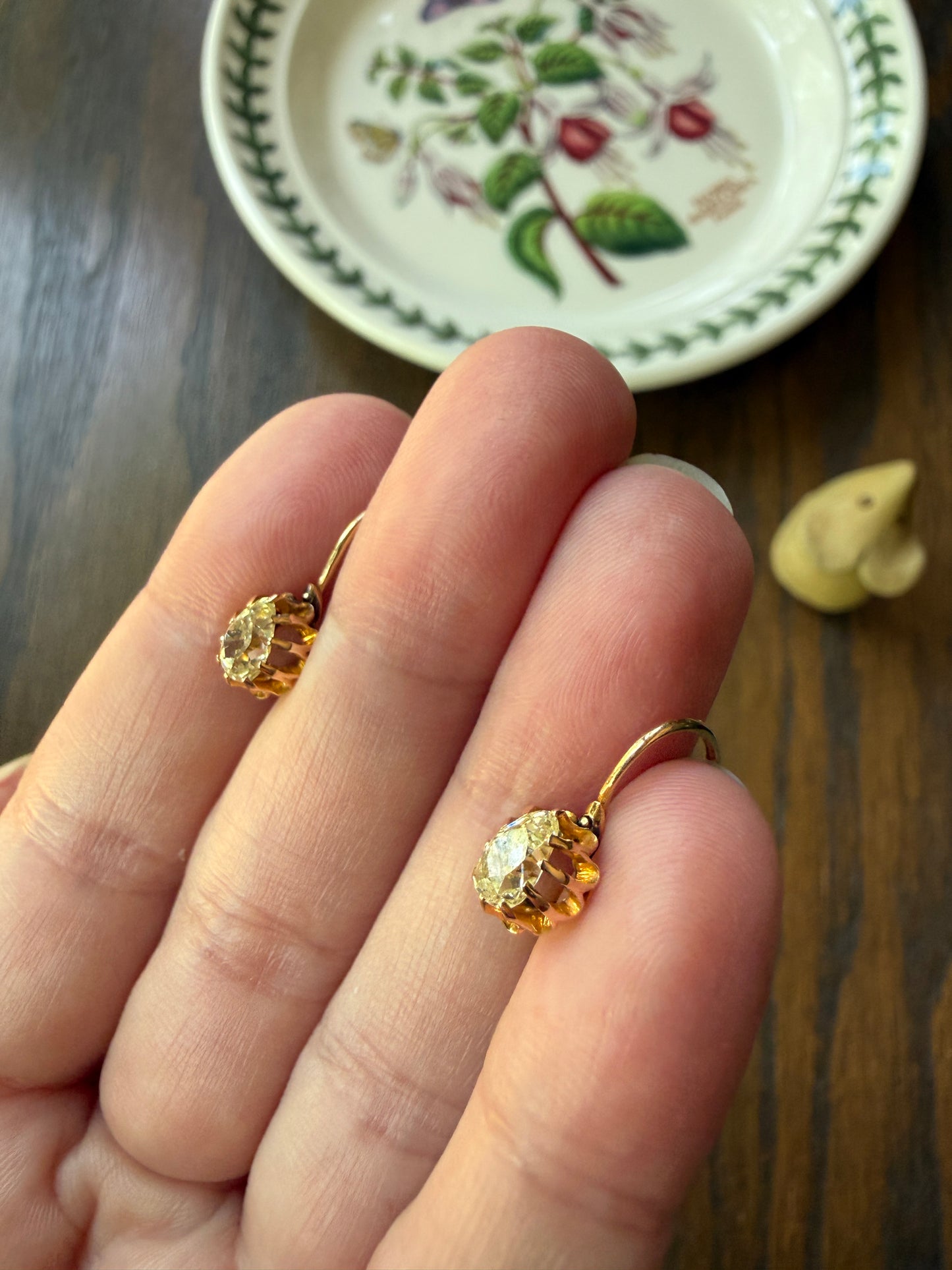 Rare PEAR Pale Yellow Old Mine Cut ANTIQUE One Carat Diamond Dormeuse Earrings 18k Gold Fixed Buttercup Setting Minimalist Sparkle Victorian