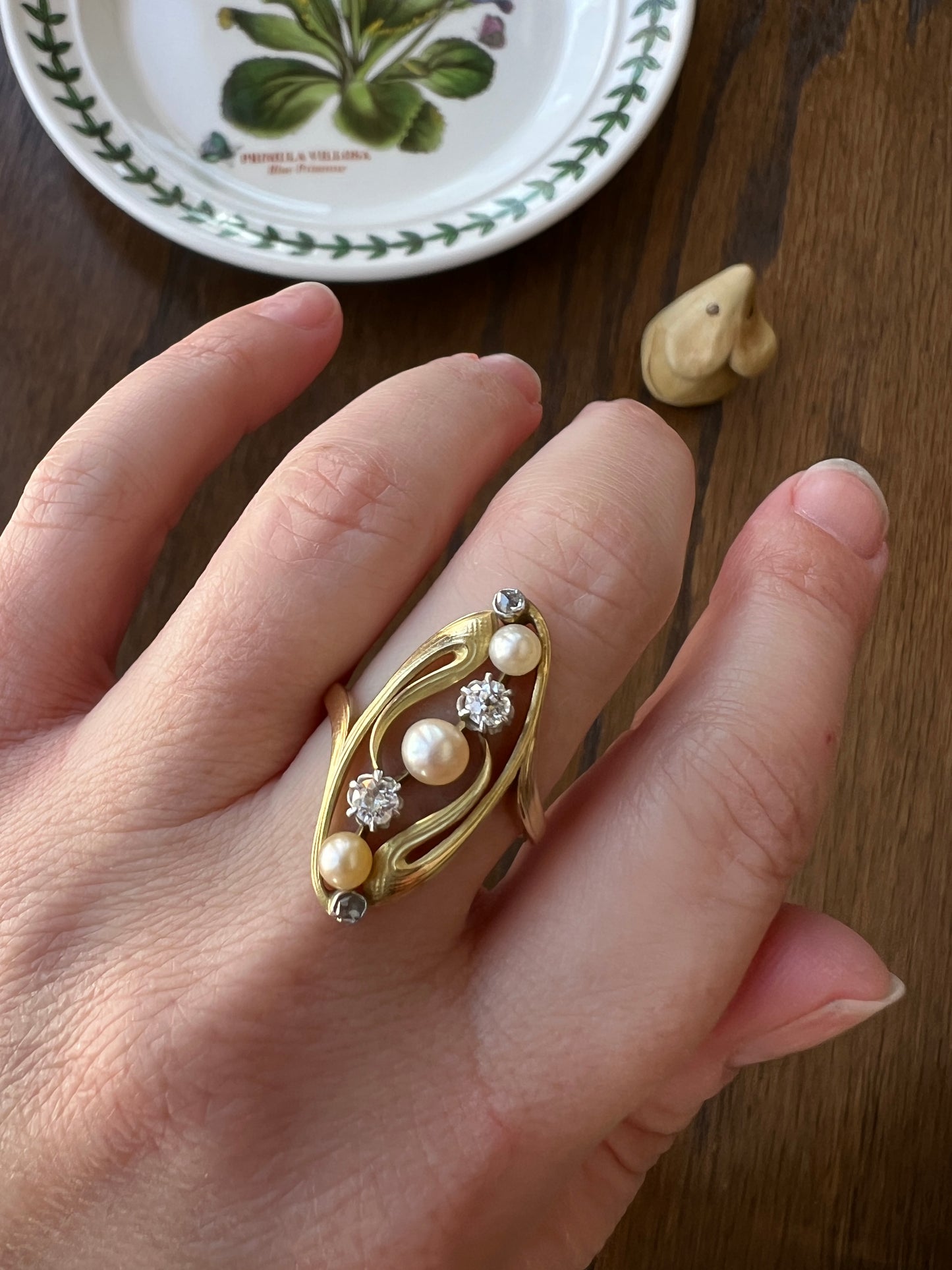 Delicious French Art NOUVEAU Antique Belle Epoque Rose Old Mine Cut DIAMOND Pearl SWIRL Whiplash 18k Gold Ring