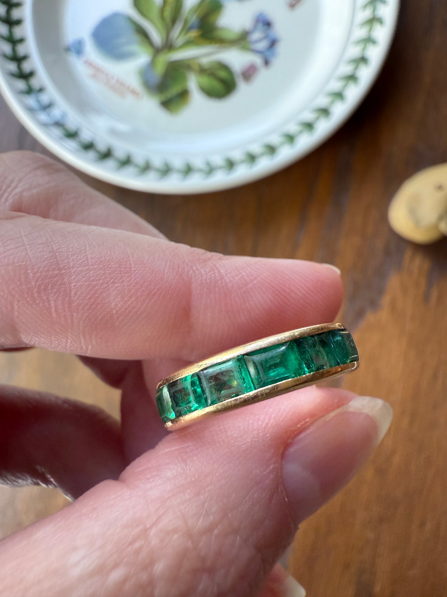 Vintage 5mm Channel Set 14 EMERALD Full ETERNITY Band Ring 18k Gold 2.25 Carat Skinny Line Stacker French Chunky Green