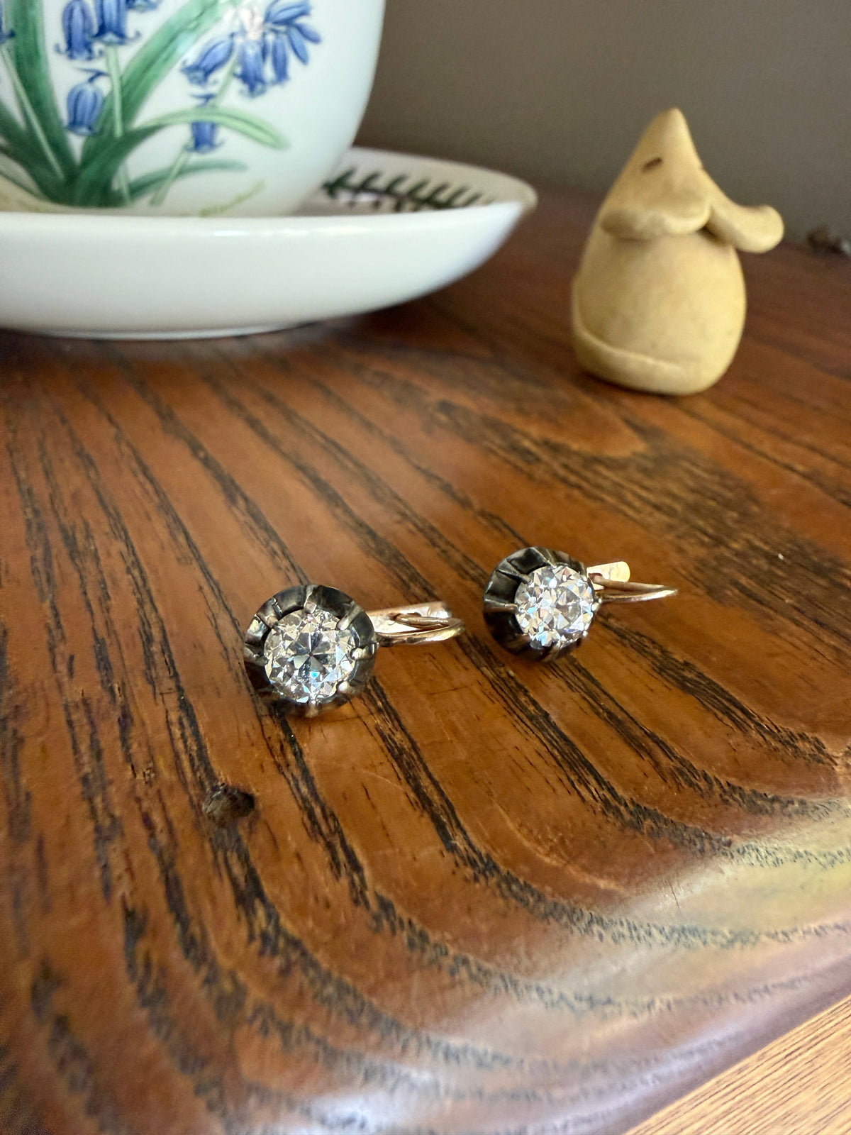 Original Antique Two Carats Tdw Natural Old Mine Cut Diamond Earrings 14k Gold Silver Collets Victorian Dangle Dormeuse Gift 2Ctw