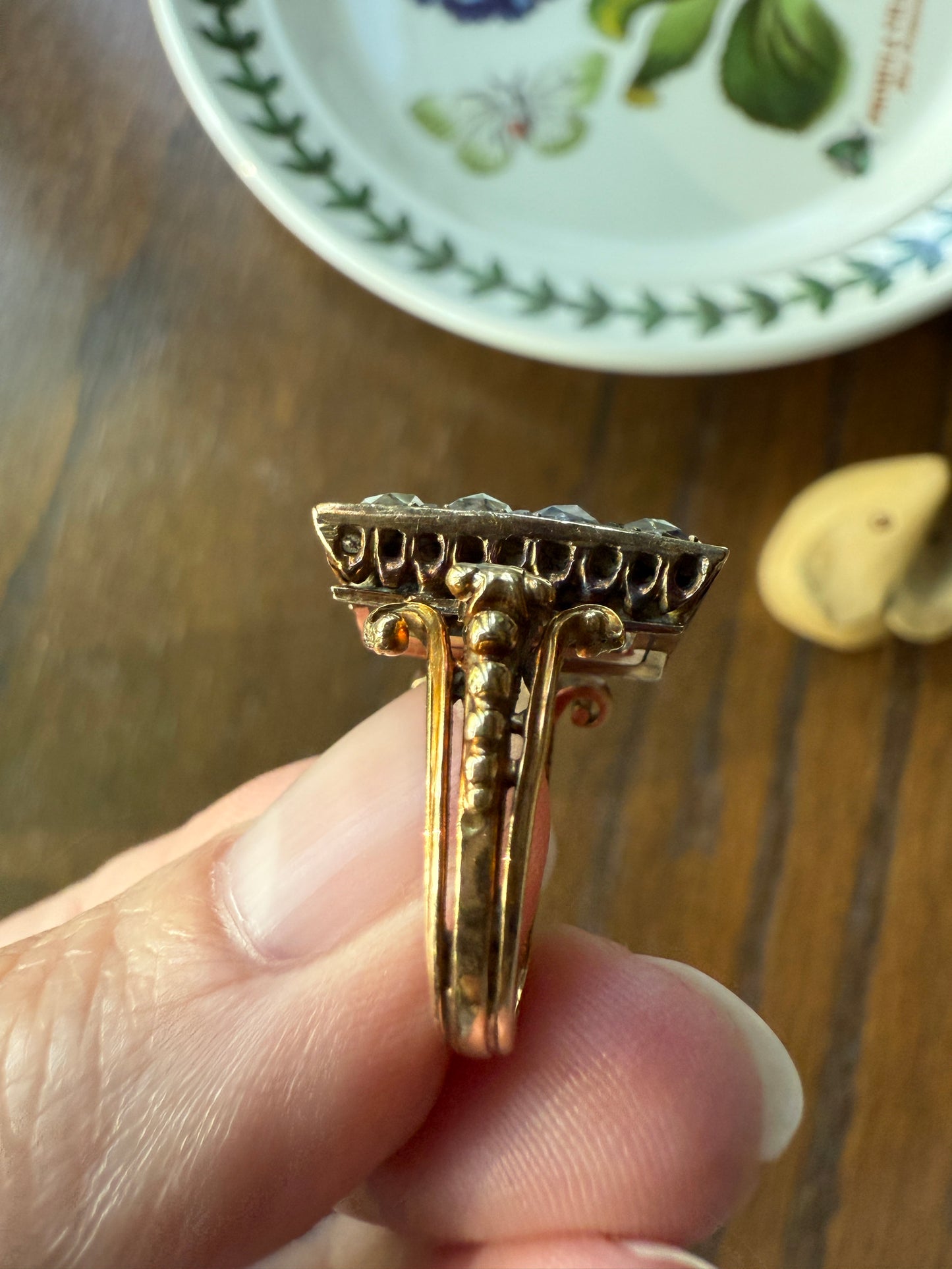 Georgian Era Antique 1 CARAT+ Rose Cut DIAMOND Disco Ball Grid Panel Lozenge Cluster Ring 18k Gold Silver Collets Stacker Gift Faces Up 2Ctw