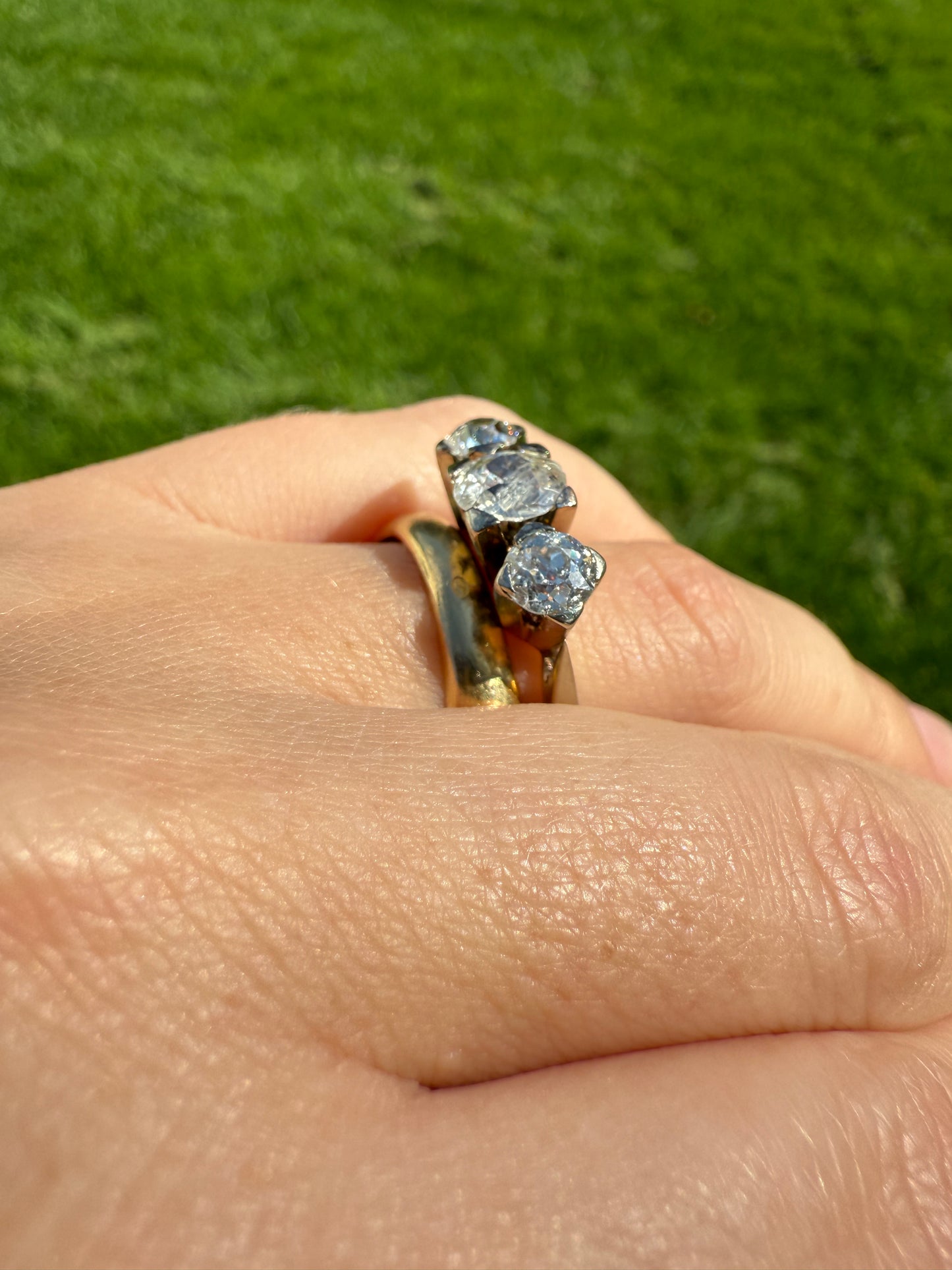 TALL Antique 2 CARATS Three Stone Chunky Old Mine Cut Diamond Ring 18k White Gold Art Deco