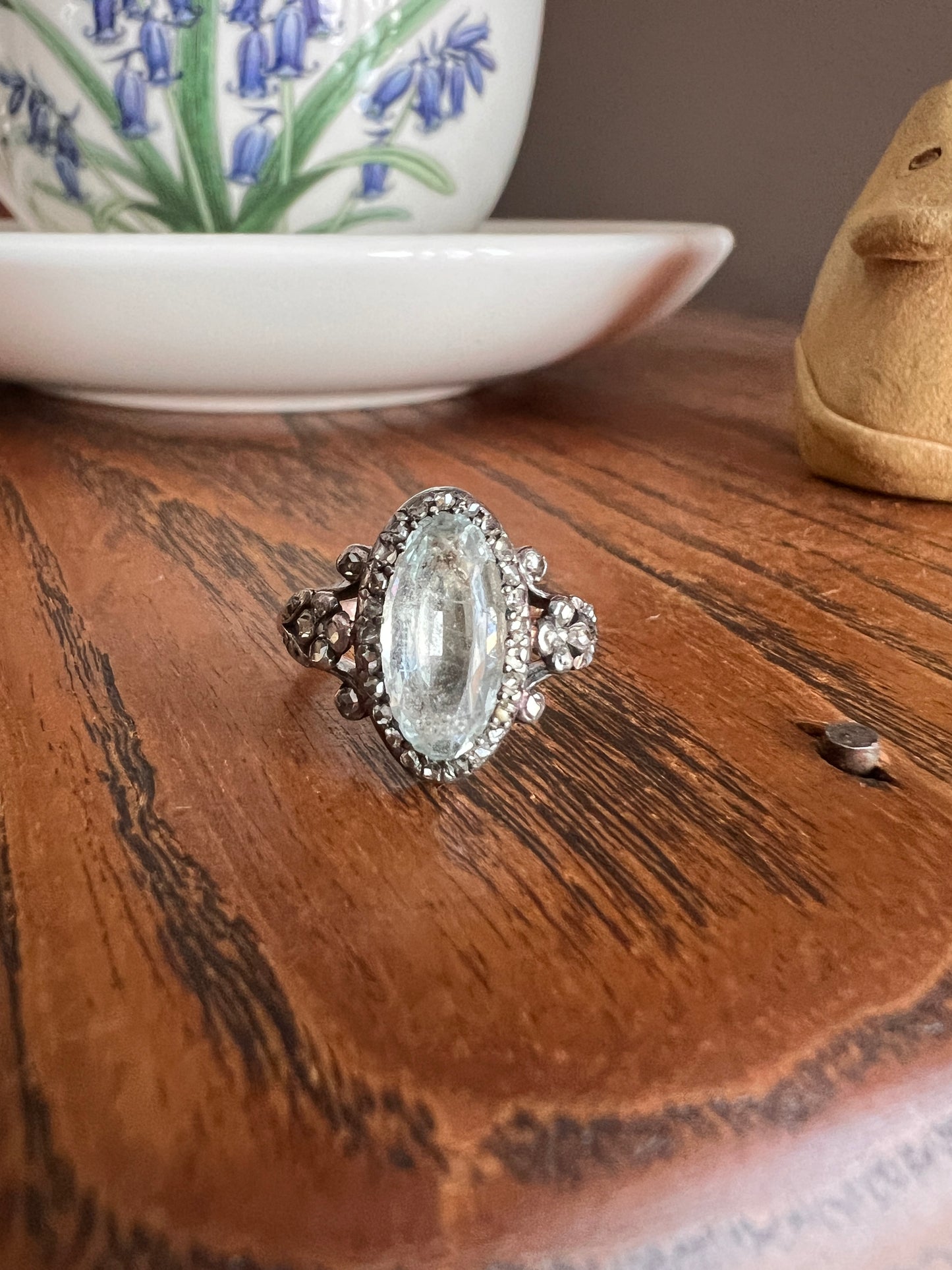 Rare VICTORIAN Foiled AQUAMARINE Rose Cut DIAMOND Halo Floral Ring 18k Gold Silver Pale Blue French Antique