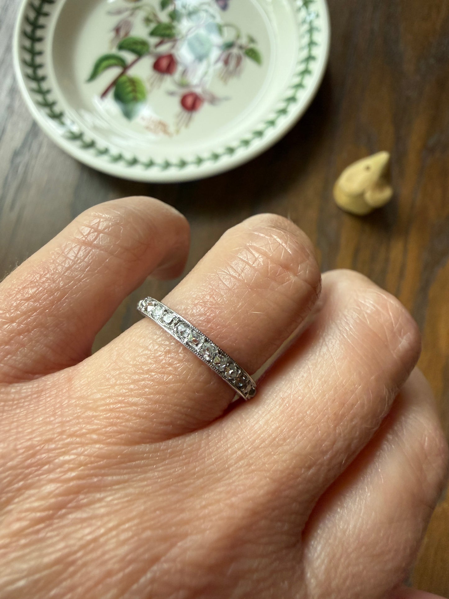 French Antique PLATINUM Chunky 1.5 Carat 29 Old Mine Cut Eternity Band Skinny Wedding Band Engraved Edwardian Stacker
