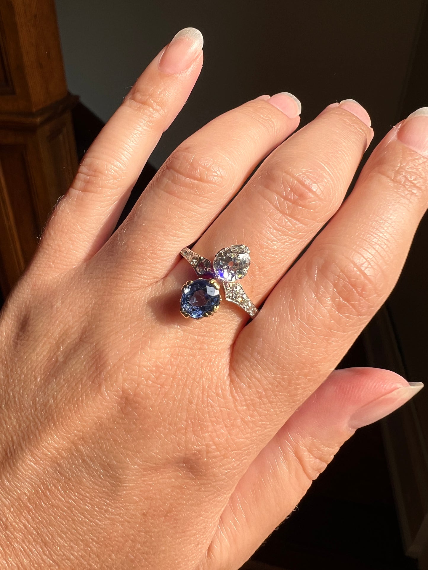 Antique No Heat PEAR Natural Ceylon SAPPHIRE Old Mine Cut DIAMOND Toi et Moi Ring 1 Carat Tdw French 18k Gold Platinum Ring