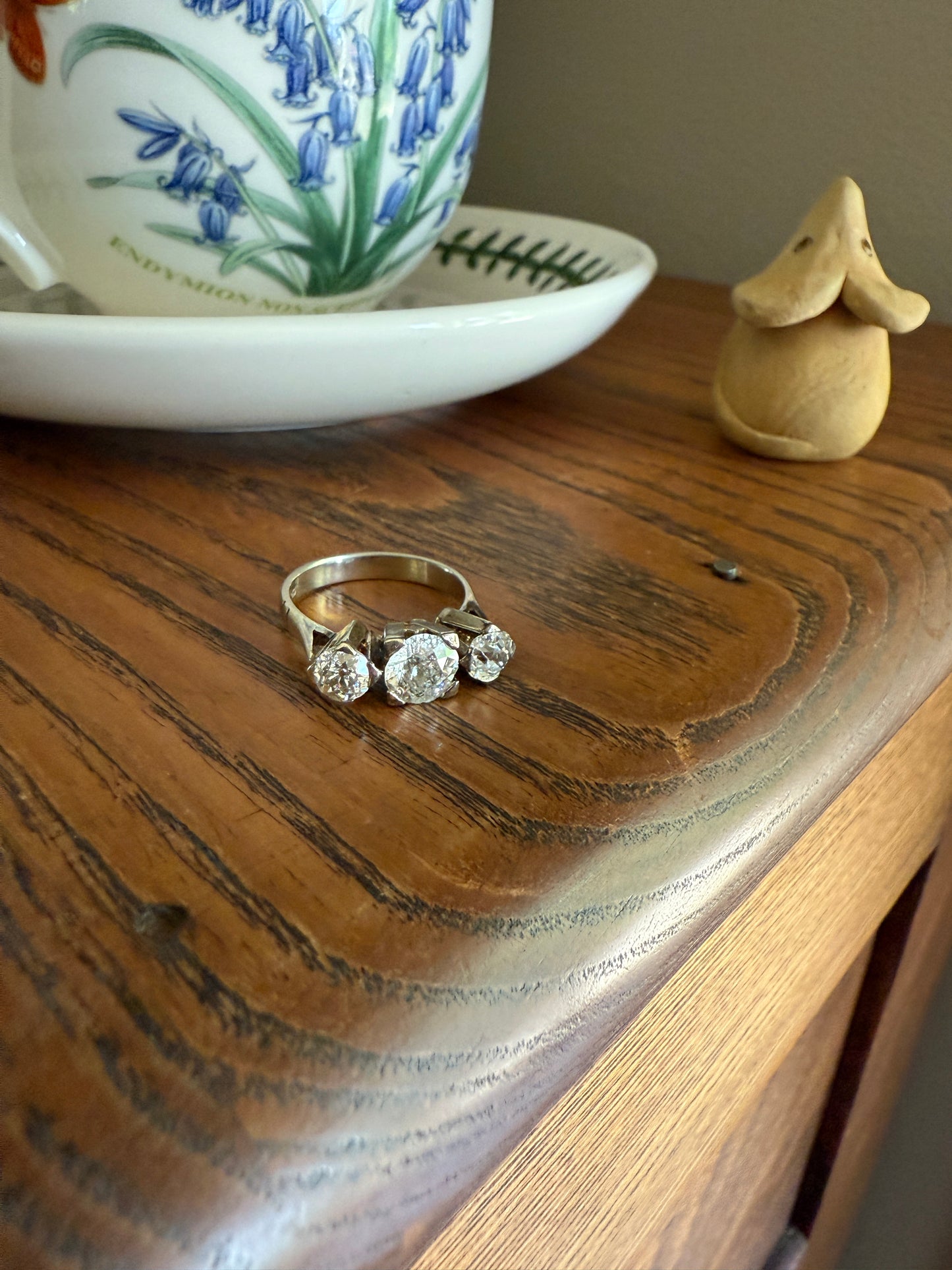 TALL Antique 2 CARATS Three Stone Chunky Old Mine Cut Diamond Ring 18k White Gold Art Deco