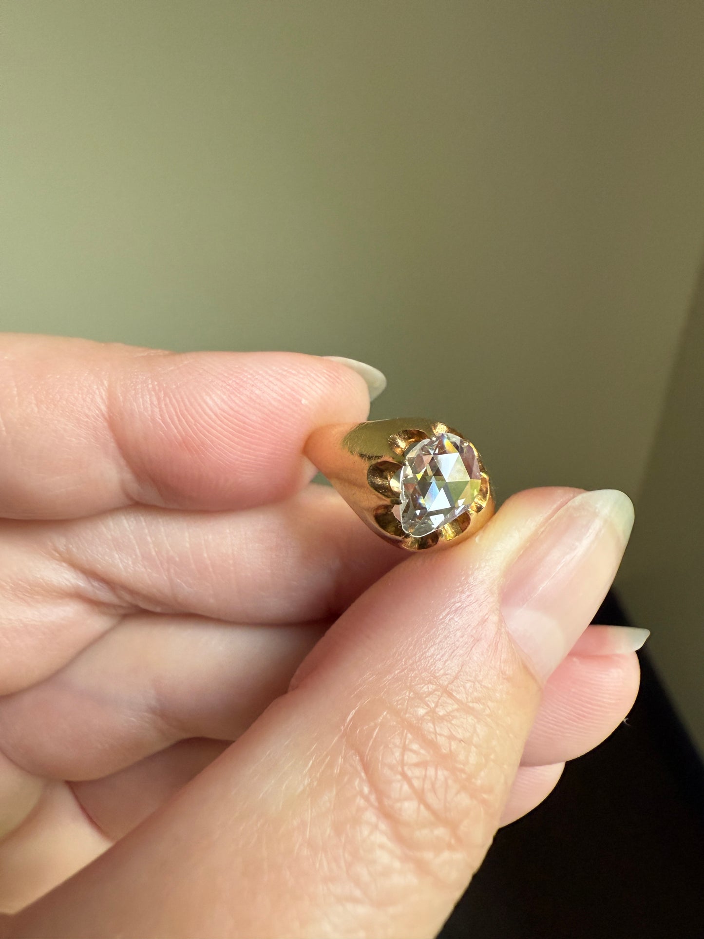 Special PEAR Open Back Rose Cut DIAMOND Original Antique Solitiare 18k Gold Buttercup Belcher Glowing Setting