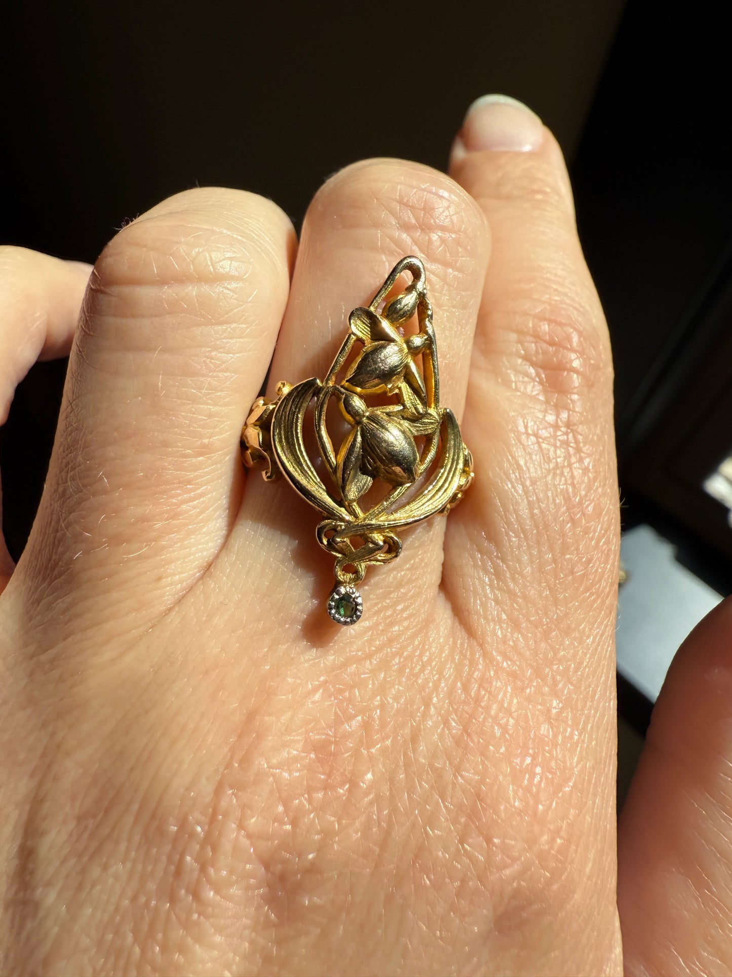 Delicious Floral French Art NOUVEAU Antique Belle Epoque Rose SWIRL Whiplash 18k Gold Ring Large 1.1"