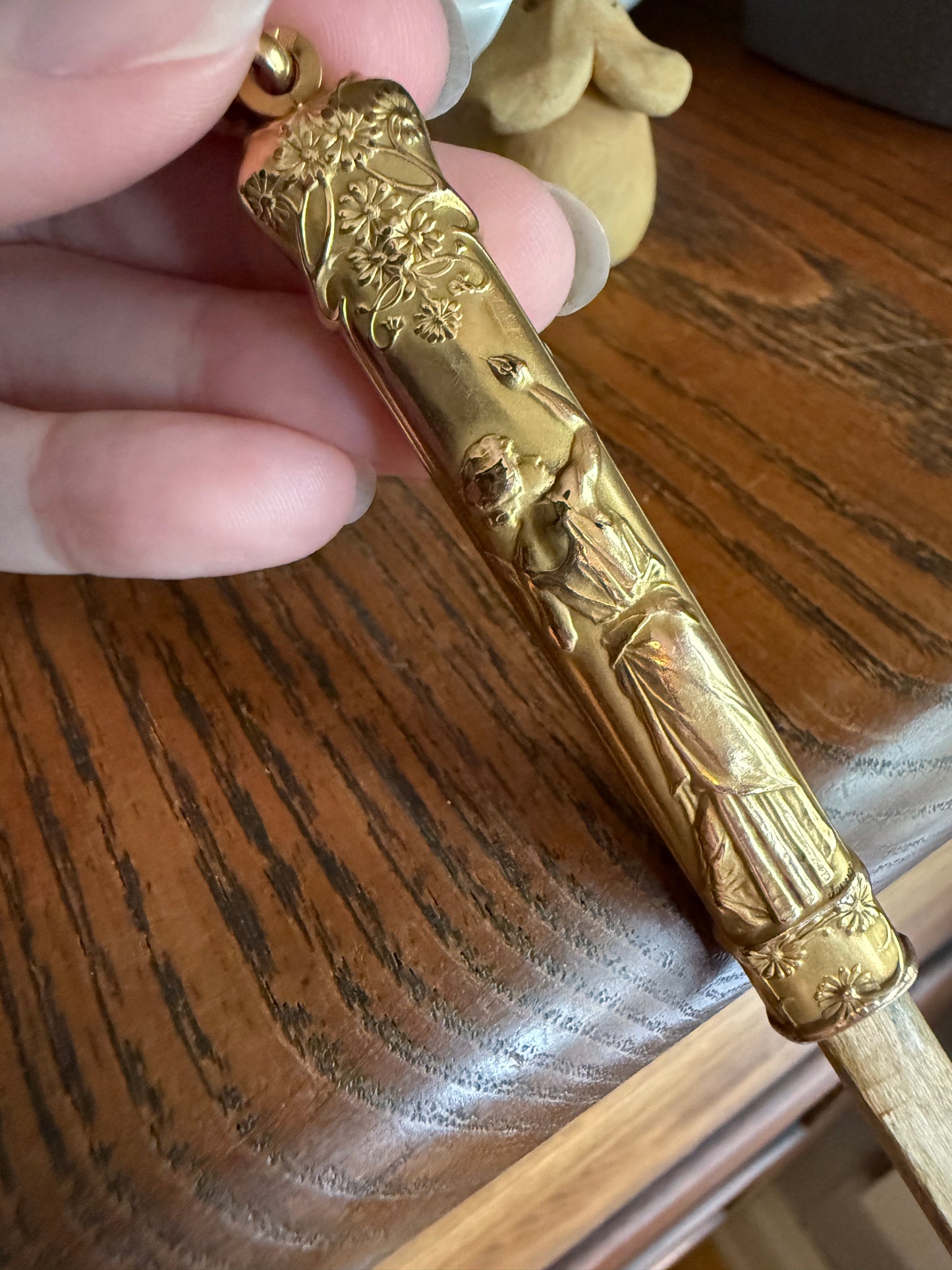 Victorian Lady French ANTIQUE " FIX " Brand Chatelaine Pencil Needle Case Pendant Rosy Gold Fill Forget Me Not Floral