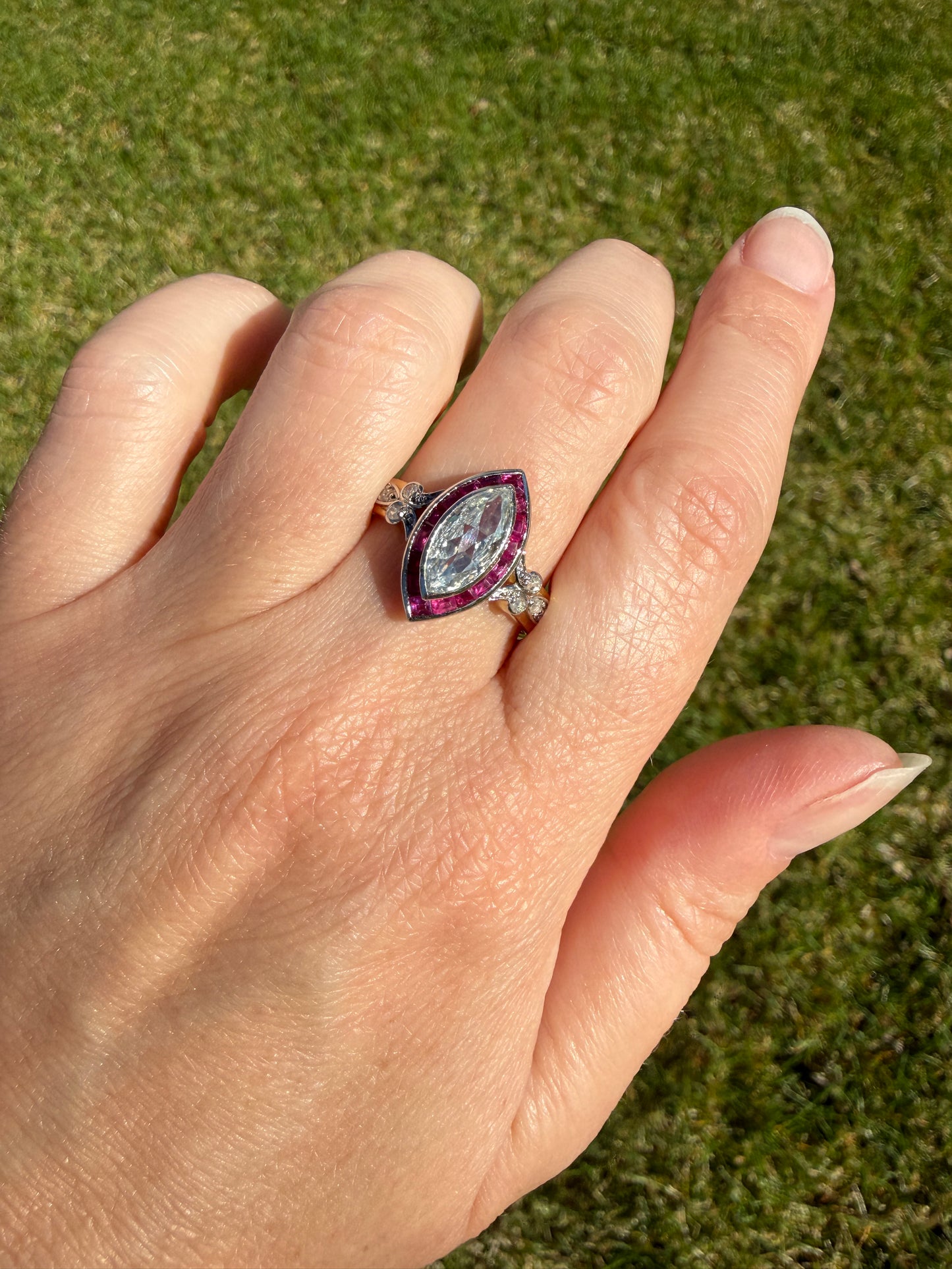 Vintage One Carat Old Cut MARQUISE Diamond Ruby HALO Navette French Art Deco Ring 18k Gold Platinum Belle Epoque Pink Rose Cut Accents